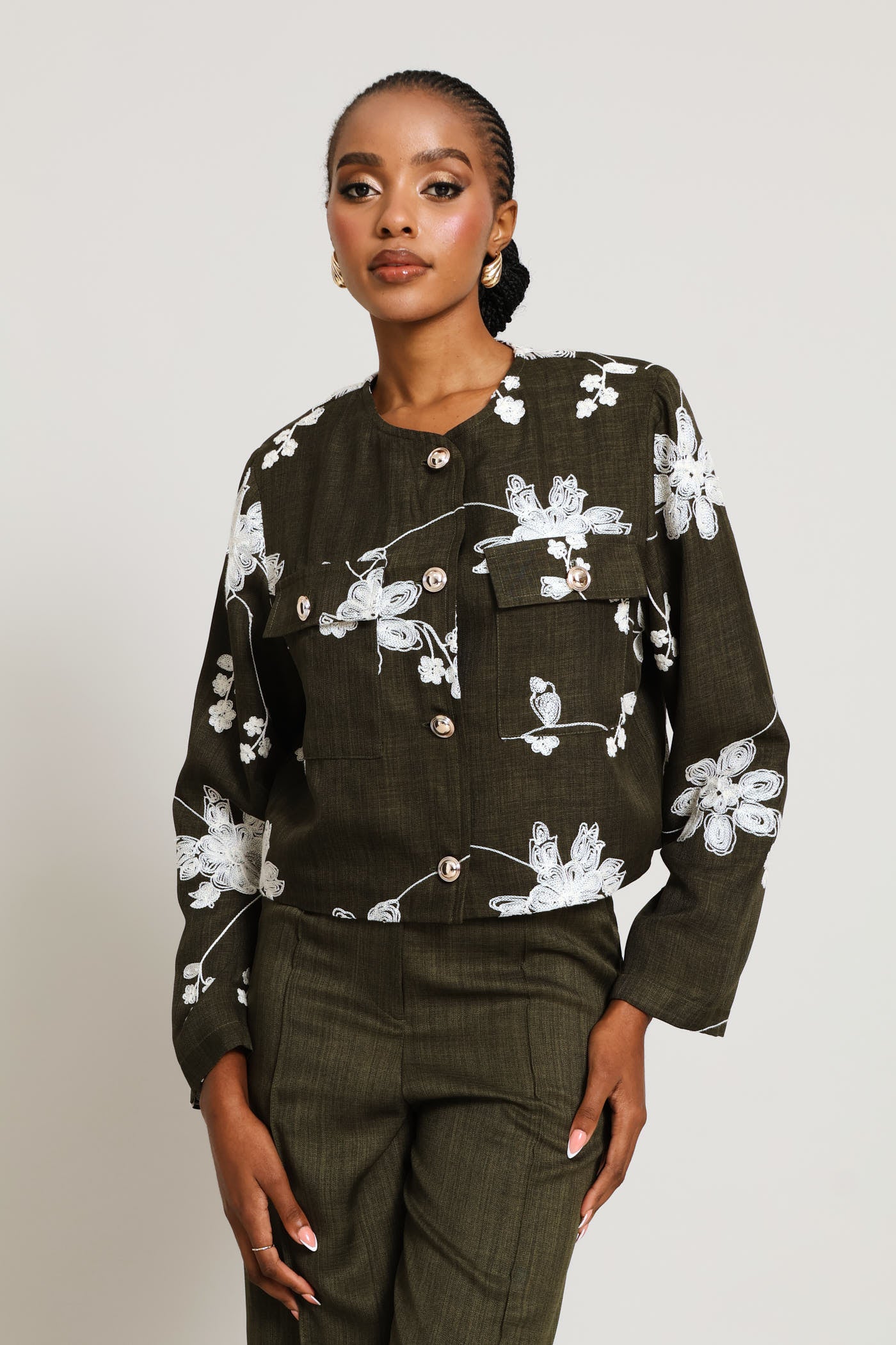 Embroidered Patch Pocket Blazer - Fatigue - Image 2