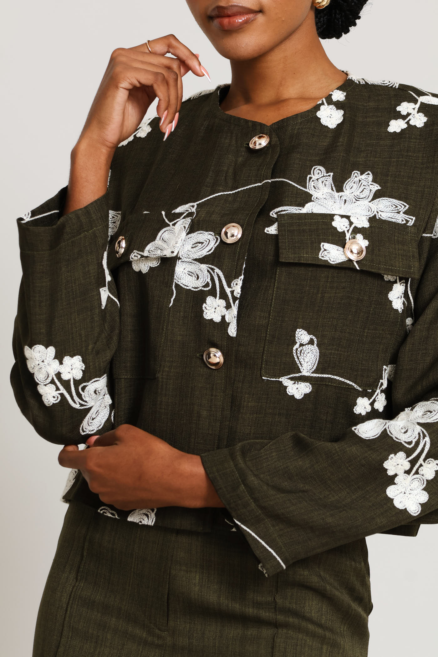Embroidered Patch Pocket Blazer - Fatigue - Image 3