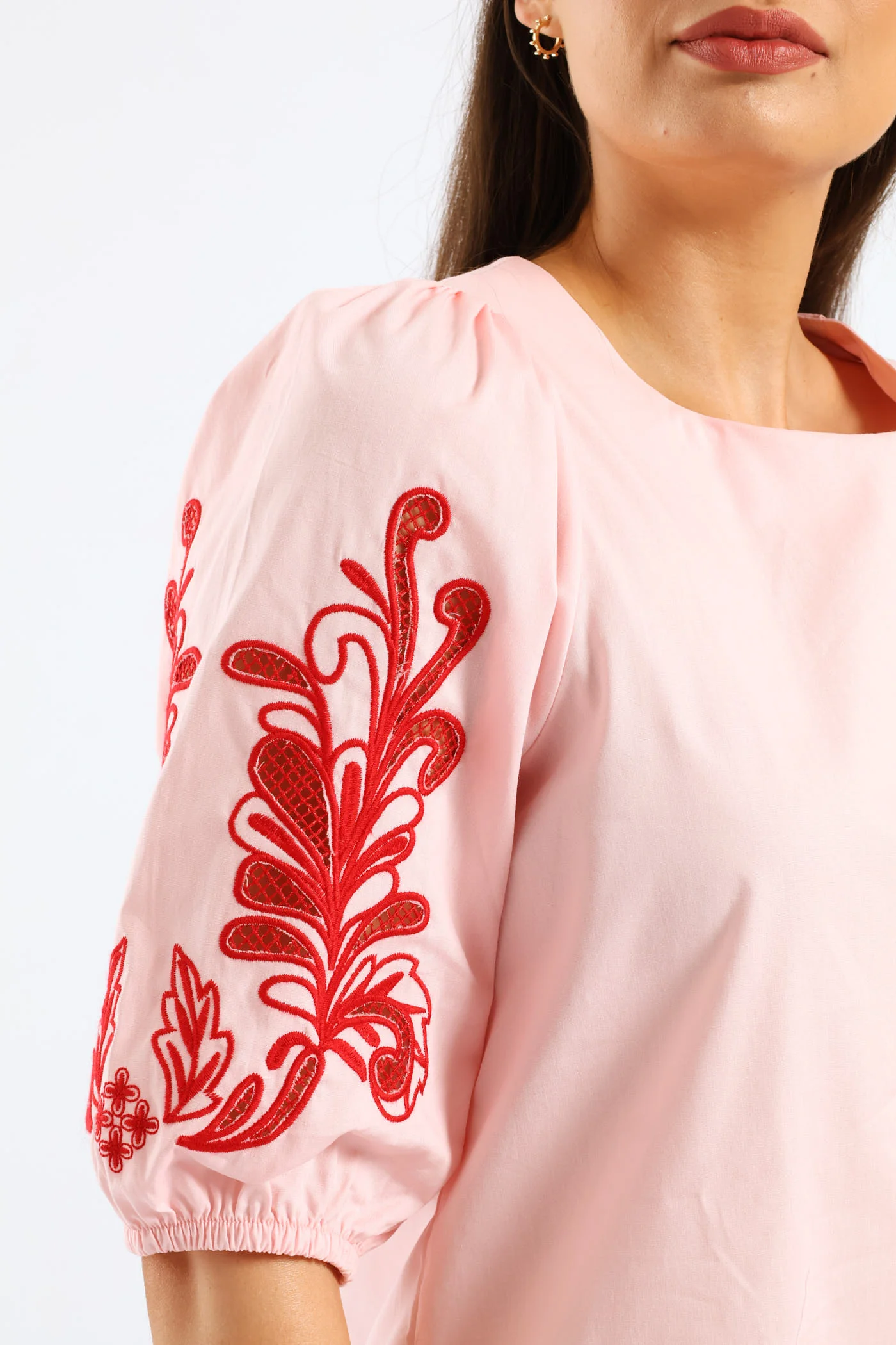 Embroidered Puff Sleeve Poplin Top - Light Pink - Image 2