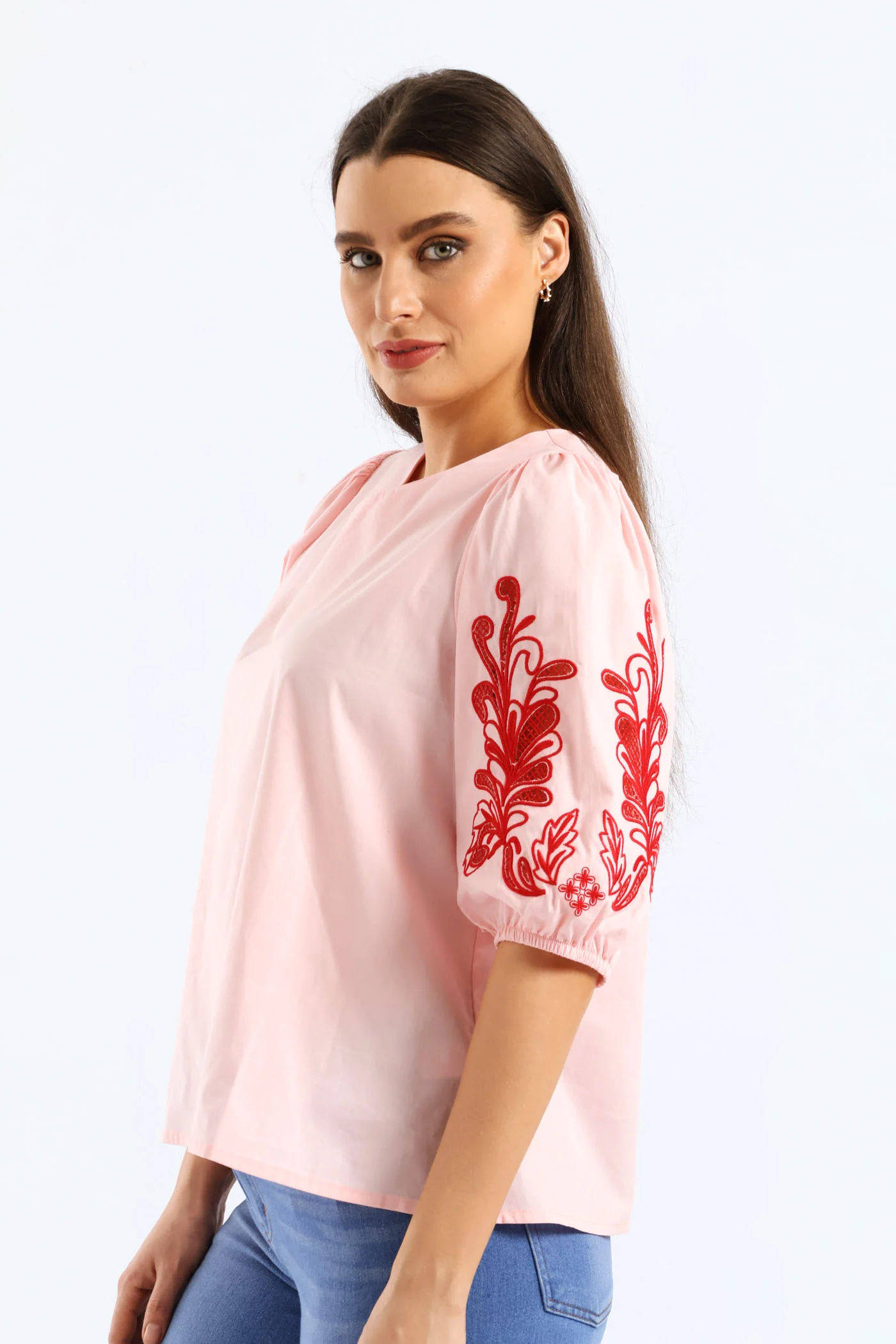 Embroidered Puff Sleeve Poplin Top - Light Pink - Image 4