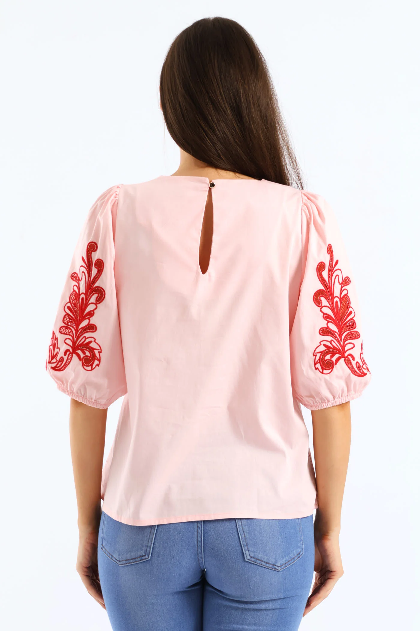 Embroidered Puff Sleeve Poplin Top - Light Pink - Image 5