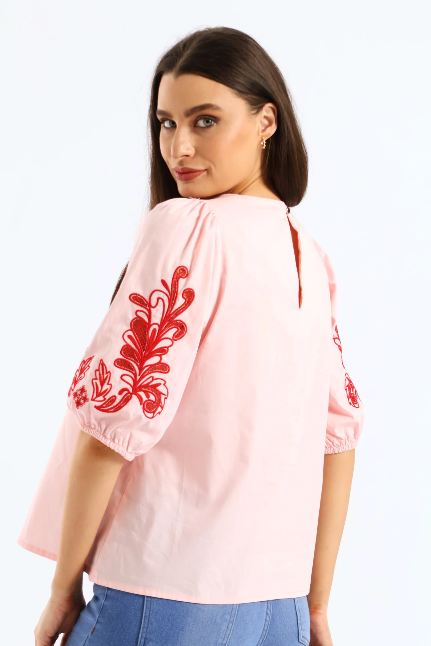 Embroidered Puff Sleeve Poplin Top - Light Pink - Image 6