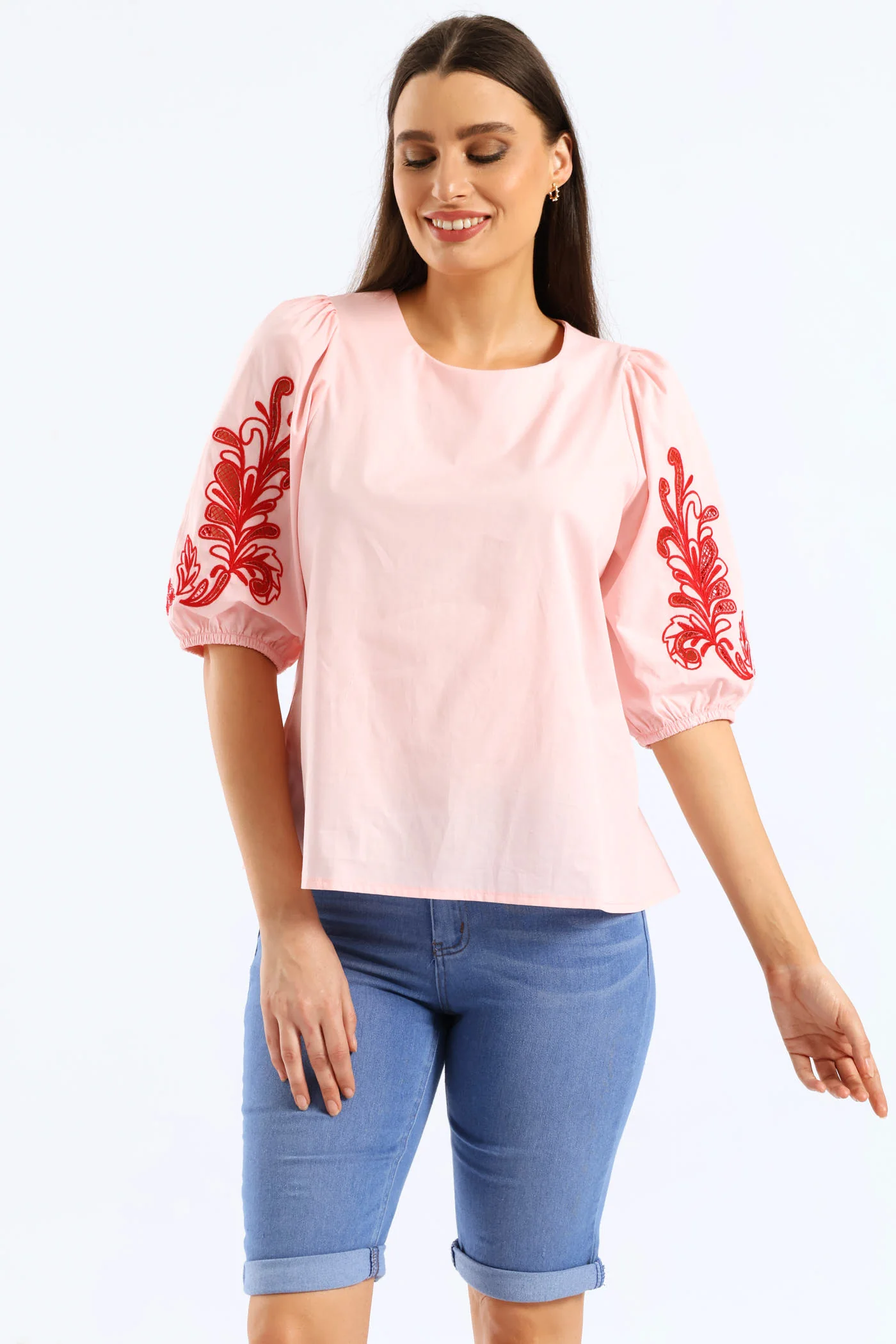 Embroidered Puff Sleeve Poplin Top - Light Pink - Image 7