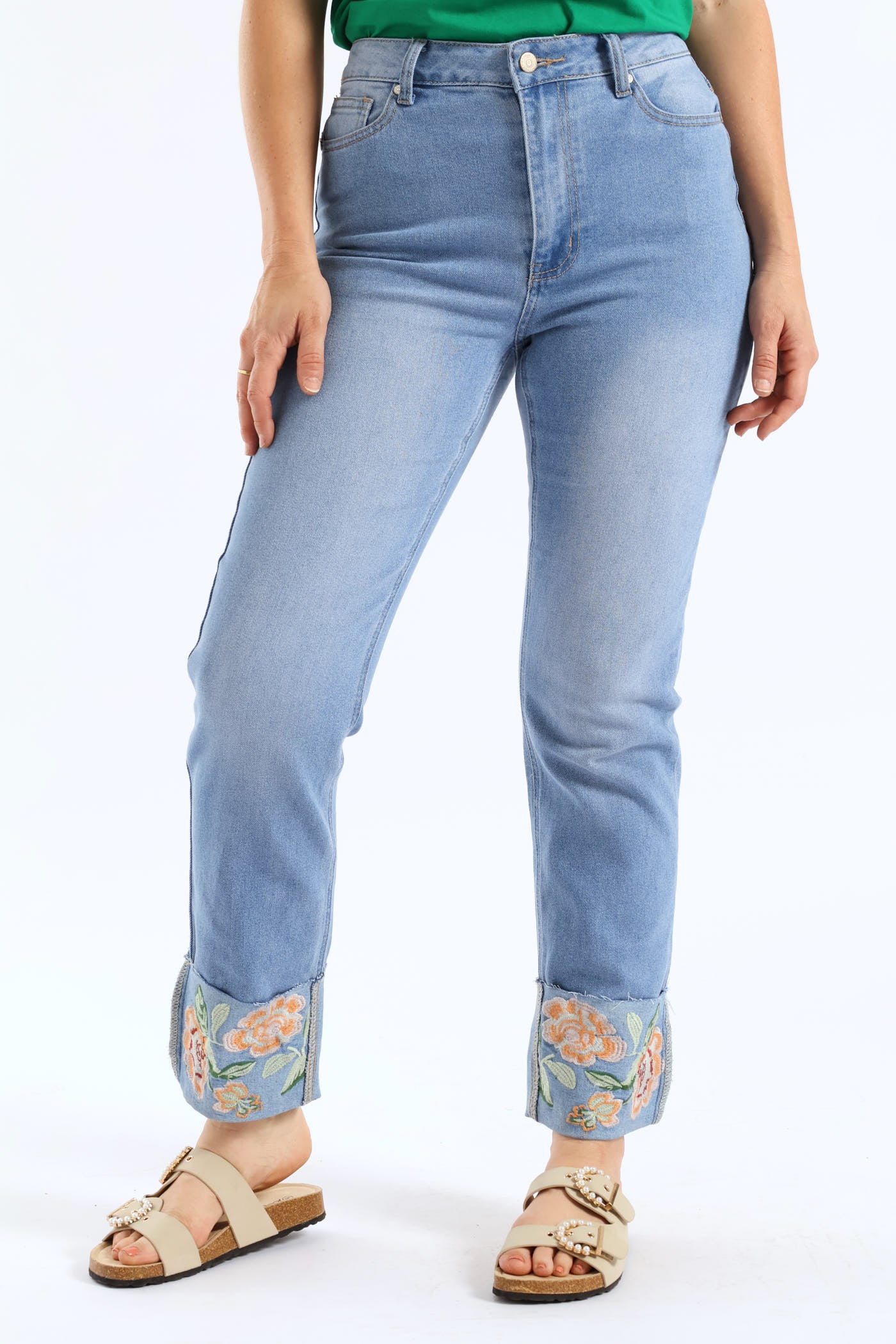 Embroidered Turn Up Hem Straight Leg Jean - Light Wash - Image 2