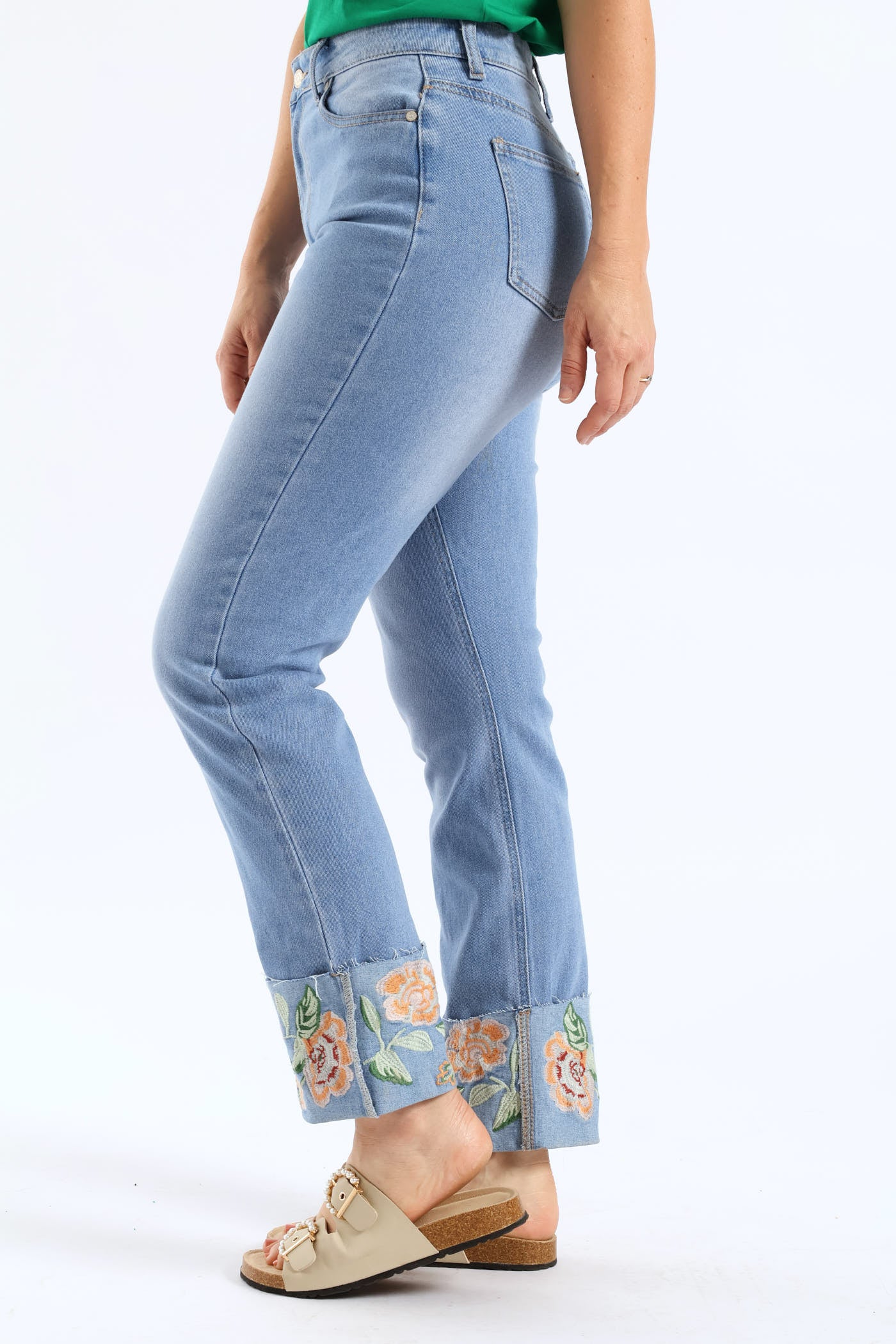 Embroidered Turn Up Hem Straight Leg Jean - Light Wash - Image 3