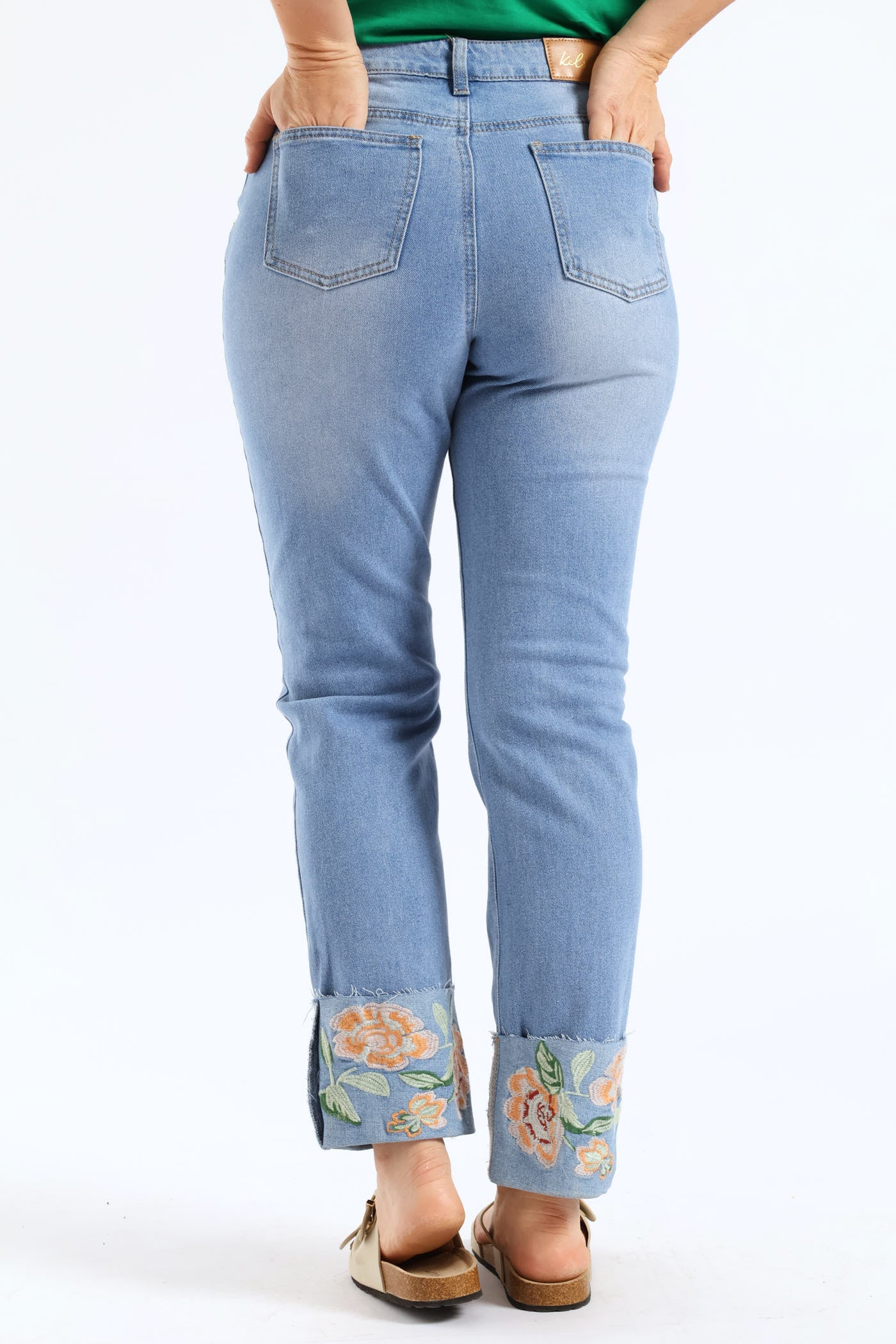 Embroidered Turn Up Hem Straight Leg Jean - Light Wash - Image 4
