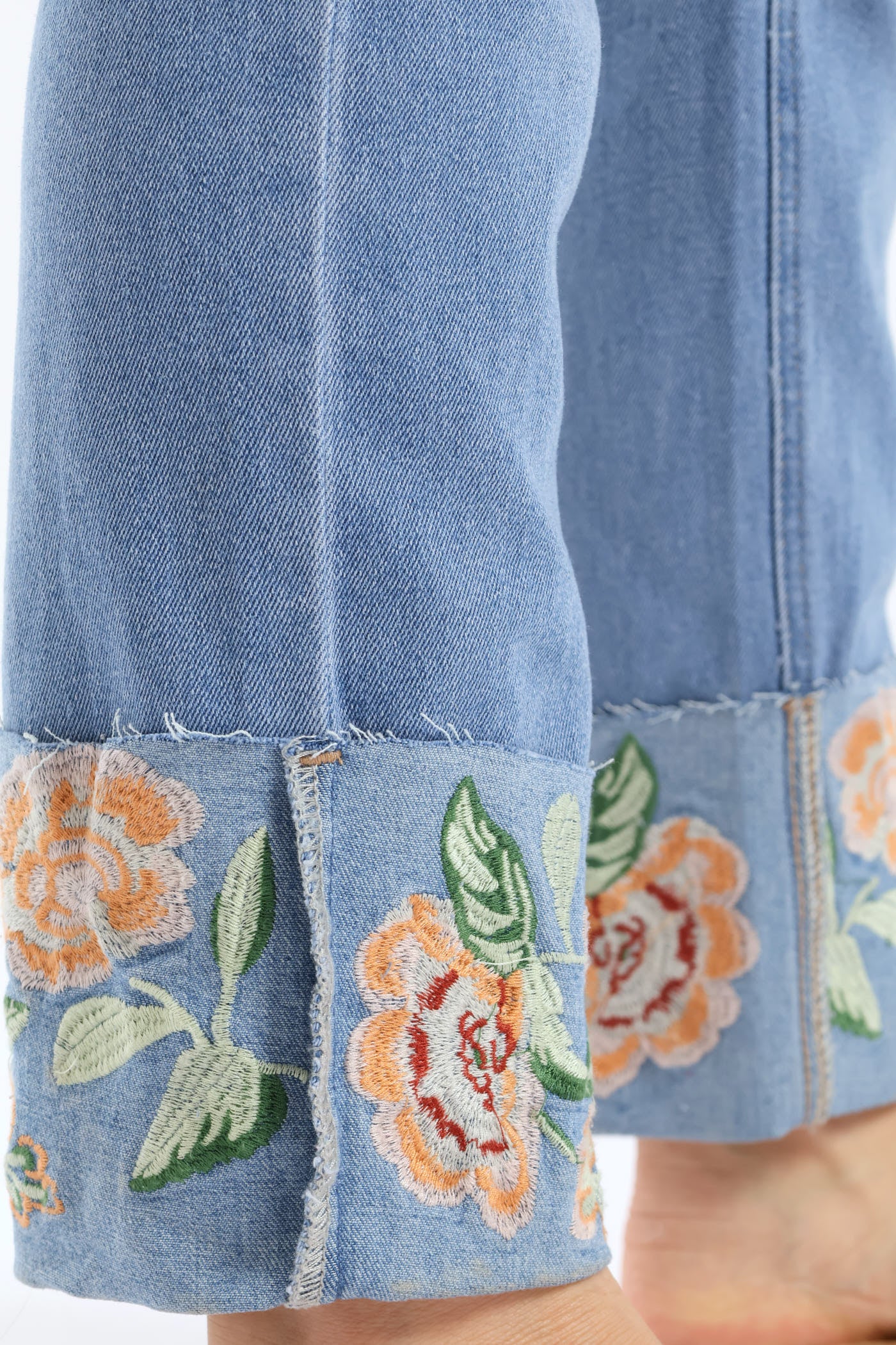 Embroidered Turn Up Hem Straight Leg Jean - Light Wash - Image 6