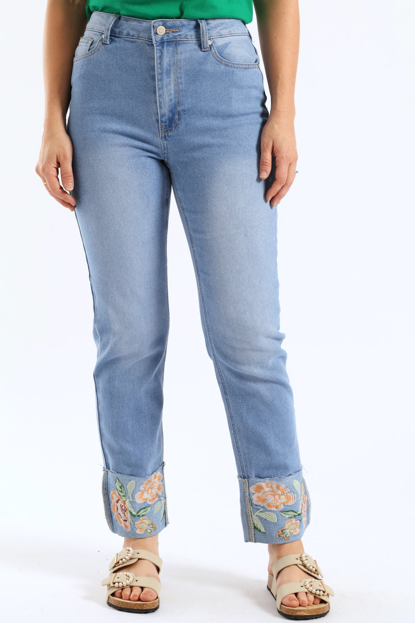 Embroidered Turn Up Hem Straight Leg Jean - Light Wash - Image 8