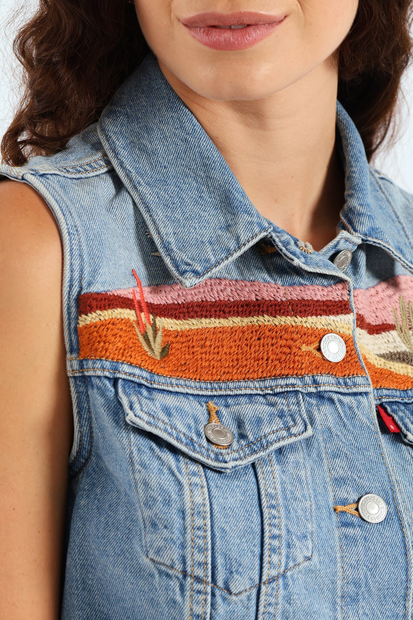 Embroidered Denim Vest - Blue - Image 4