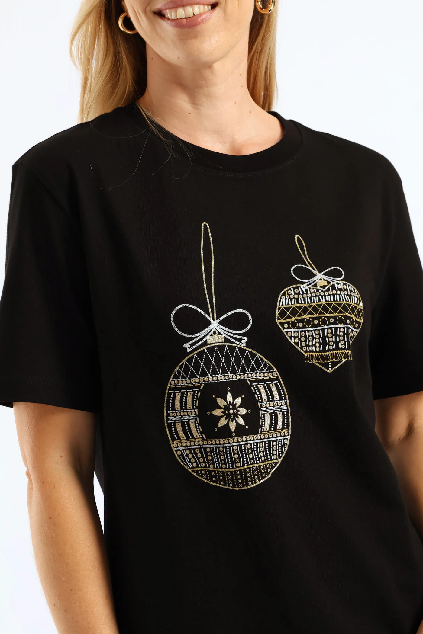 Embroidered Xmas Baubles Tee - Black - Image 2