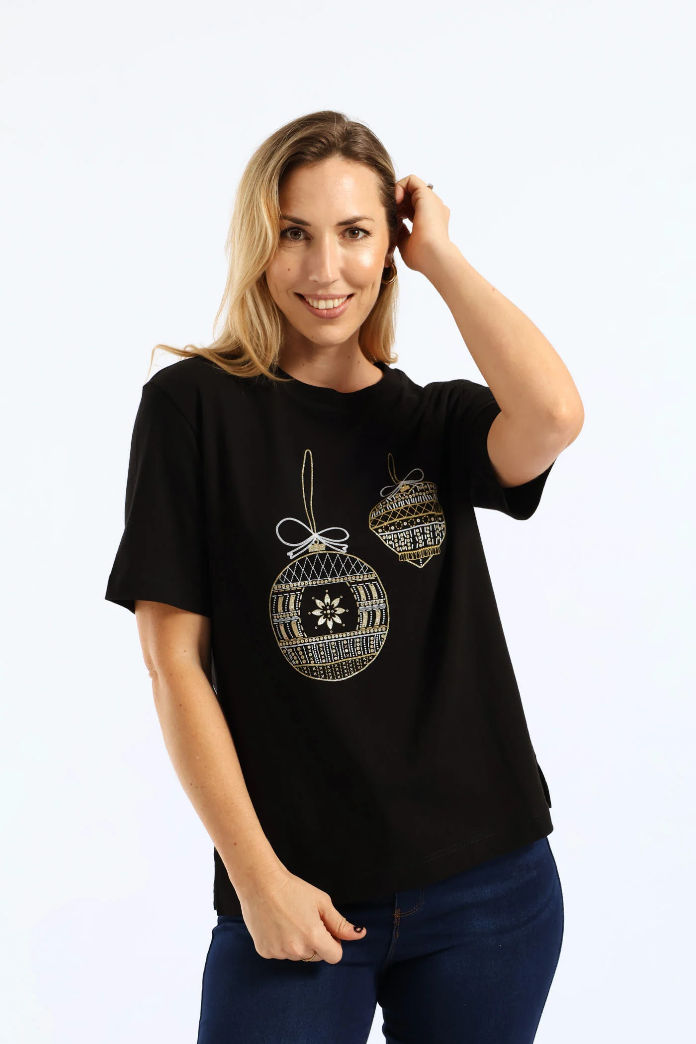 Embroidered Xmas Baubles Tee - Black - Image 3