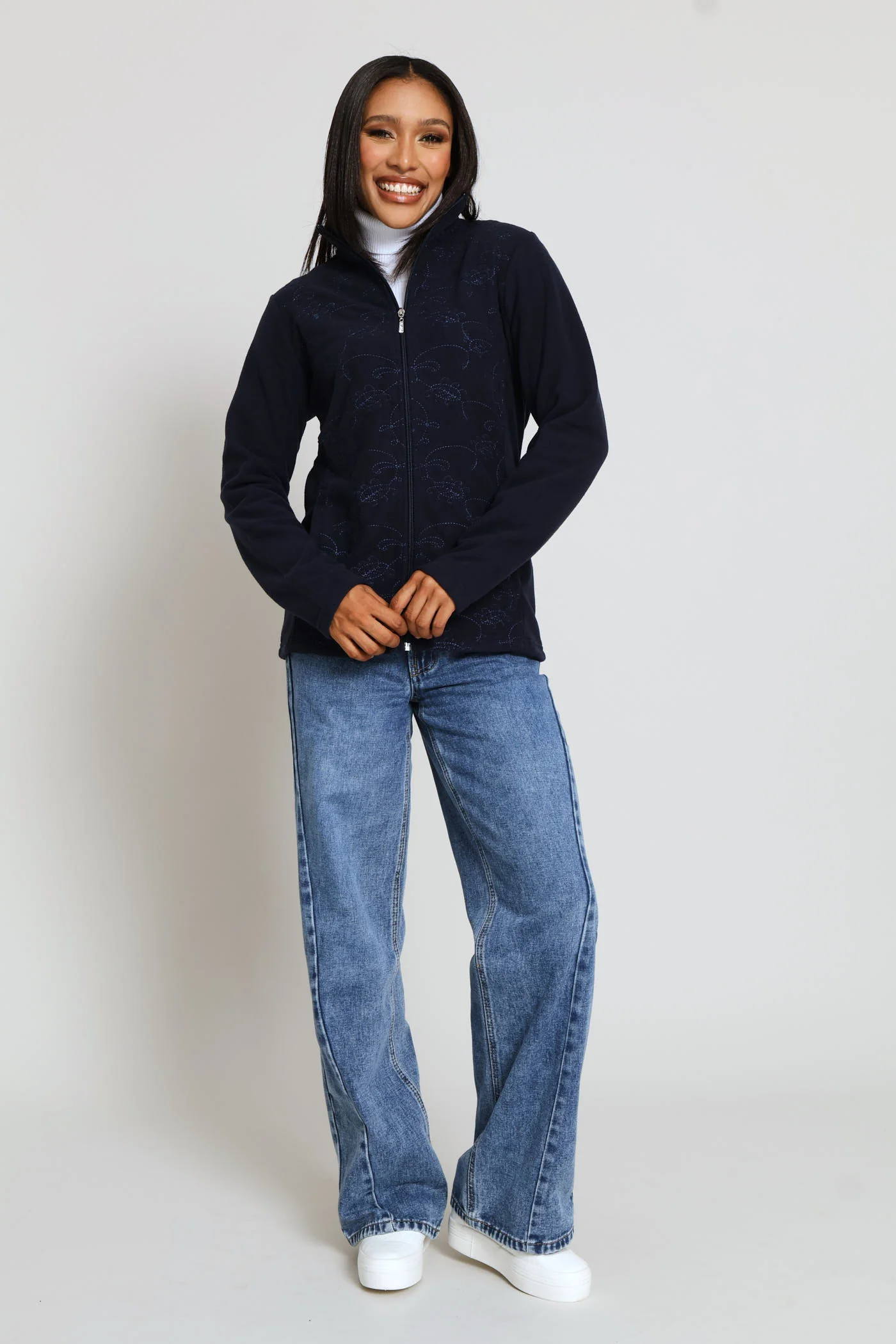 Embroidered Zip Up Polar Fleece Jacket - Midnight Blue - Image 6