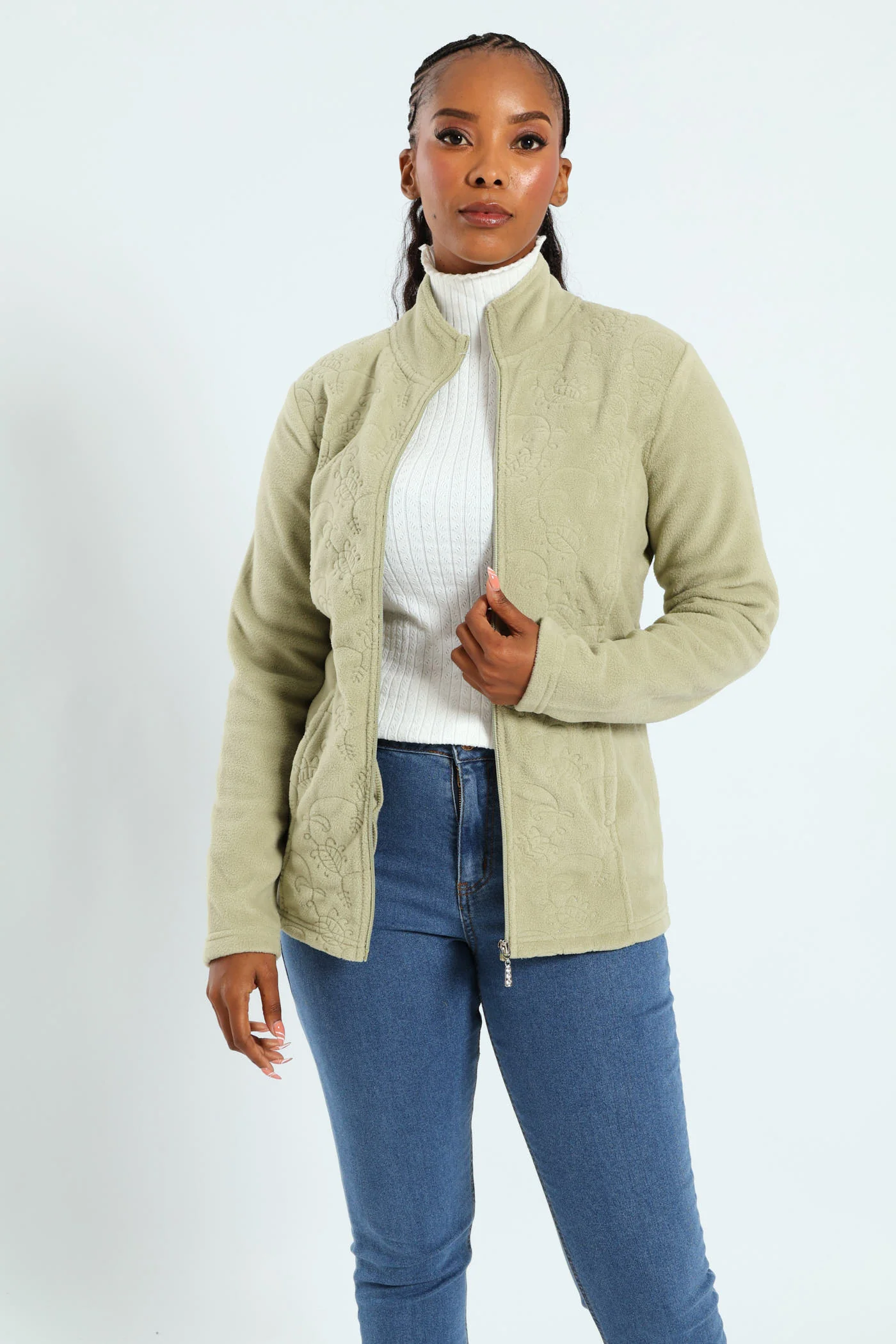 Embroidered Zip Up Polar Fleece Jacket - Pistachio Green - Image 6