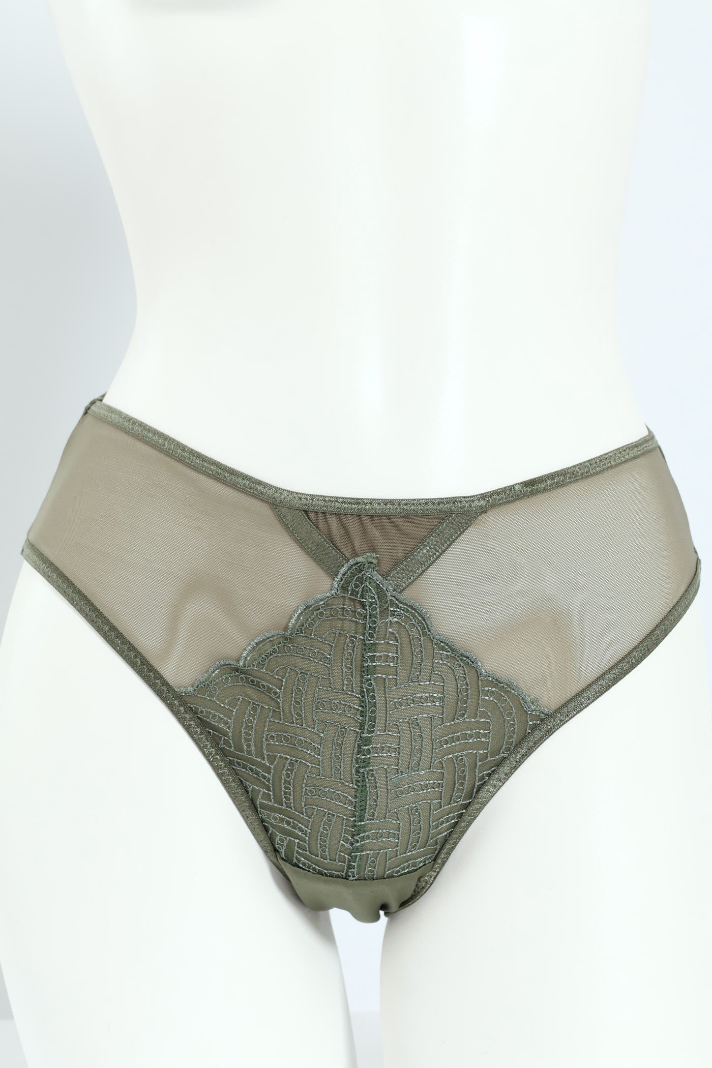 Embroidery & Shiny Microfibre Hi Cut Panty - Sage - Image 5