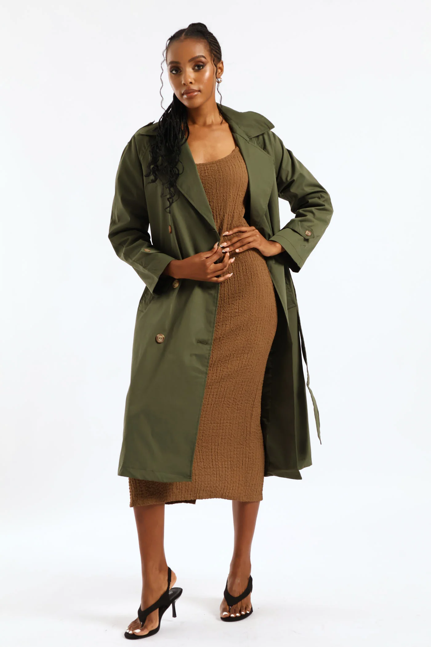 Epaulette & Button Detail Classic Trench Coat - Dark Fatigue - Image 2