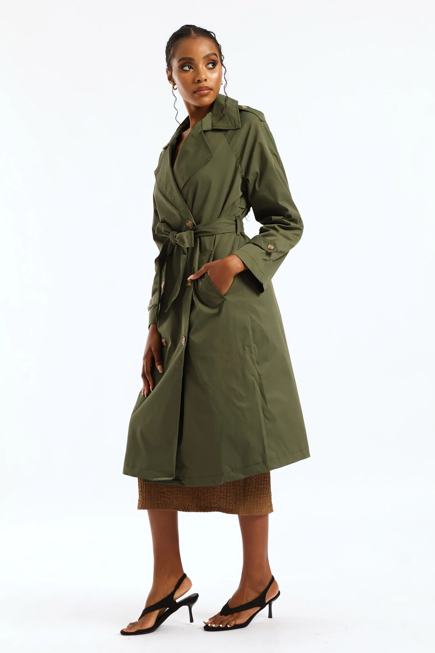 Epaulette & Button Detail Classic Trench Coat - Dark Fatigue - Image 3