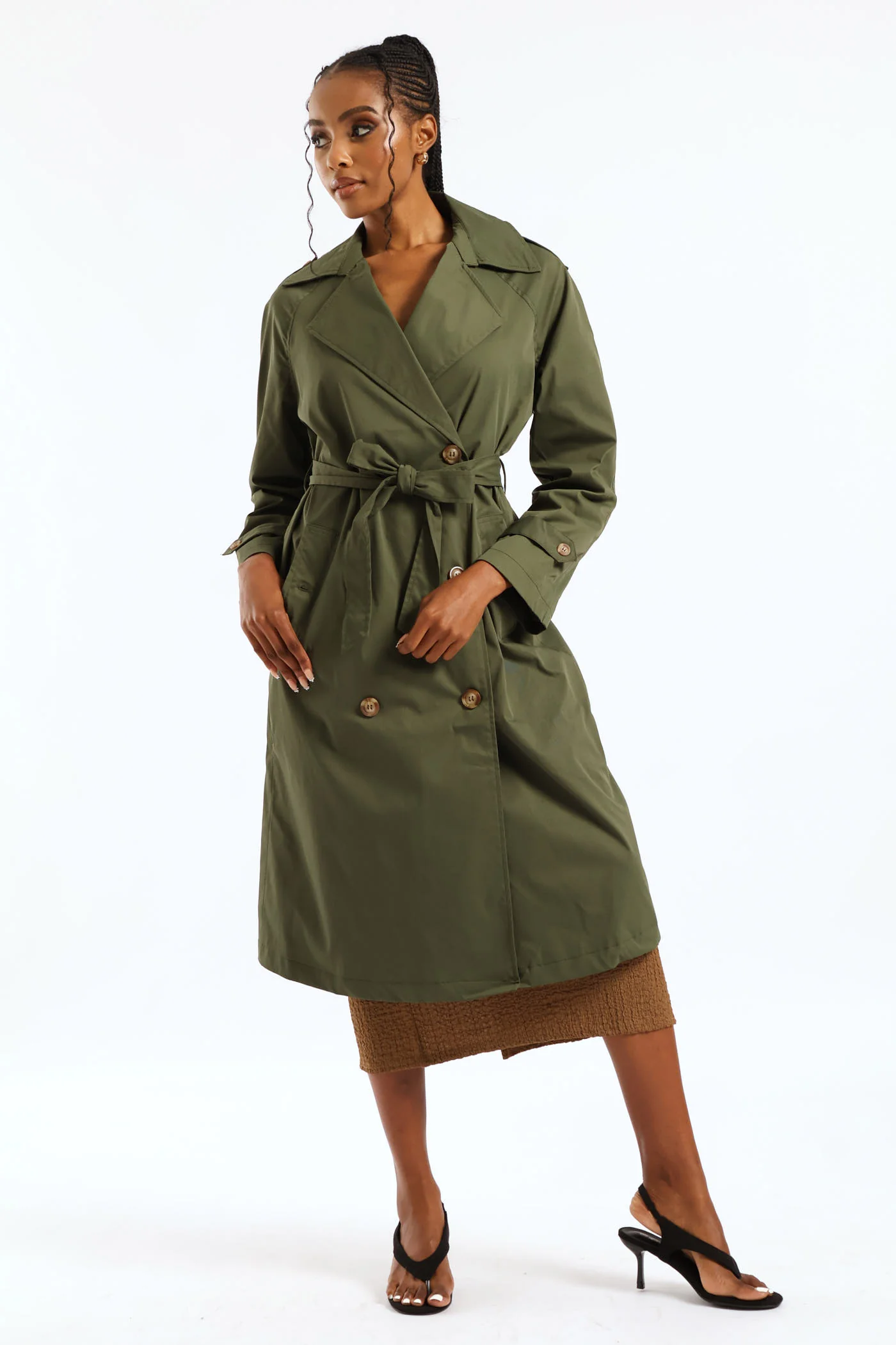 Epaulette & Button Detail Classic Trench Coat - Dark Fatigue - Image 4