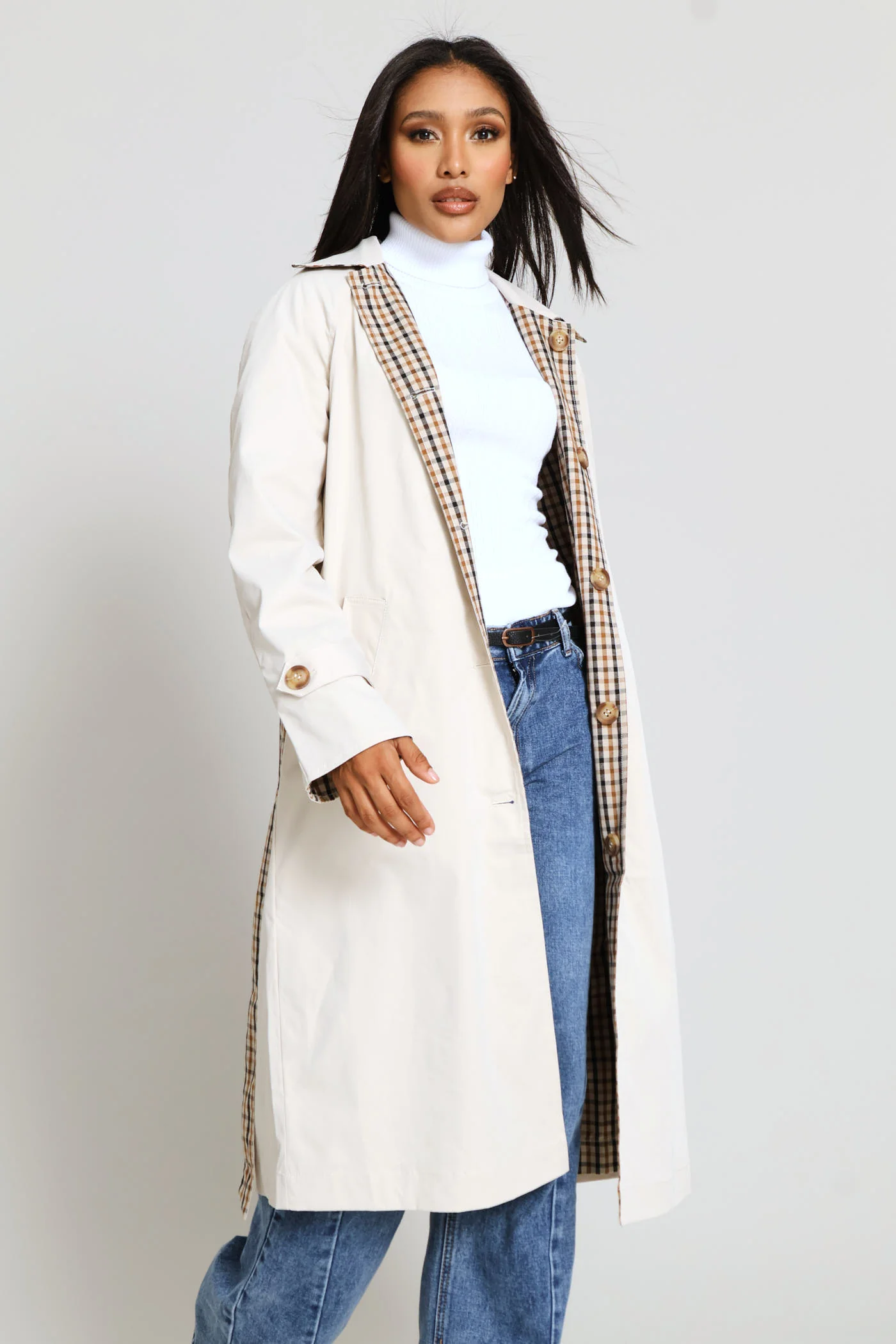 Epaulette Detail Reversible Trench Coat - Light Stone - Image 3