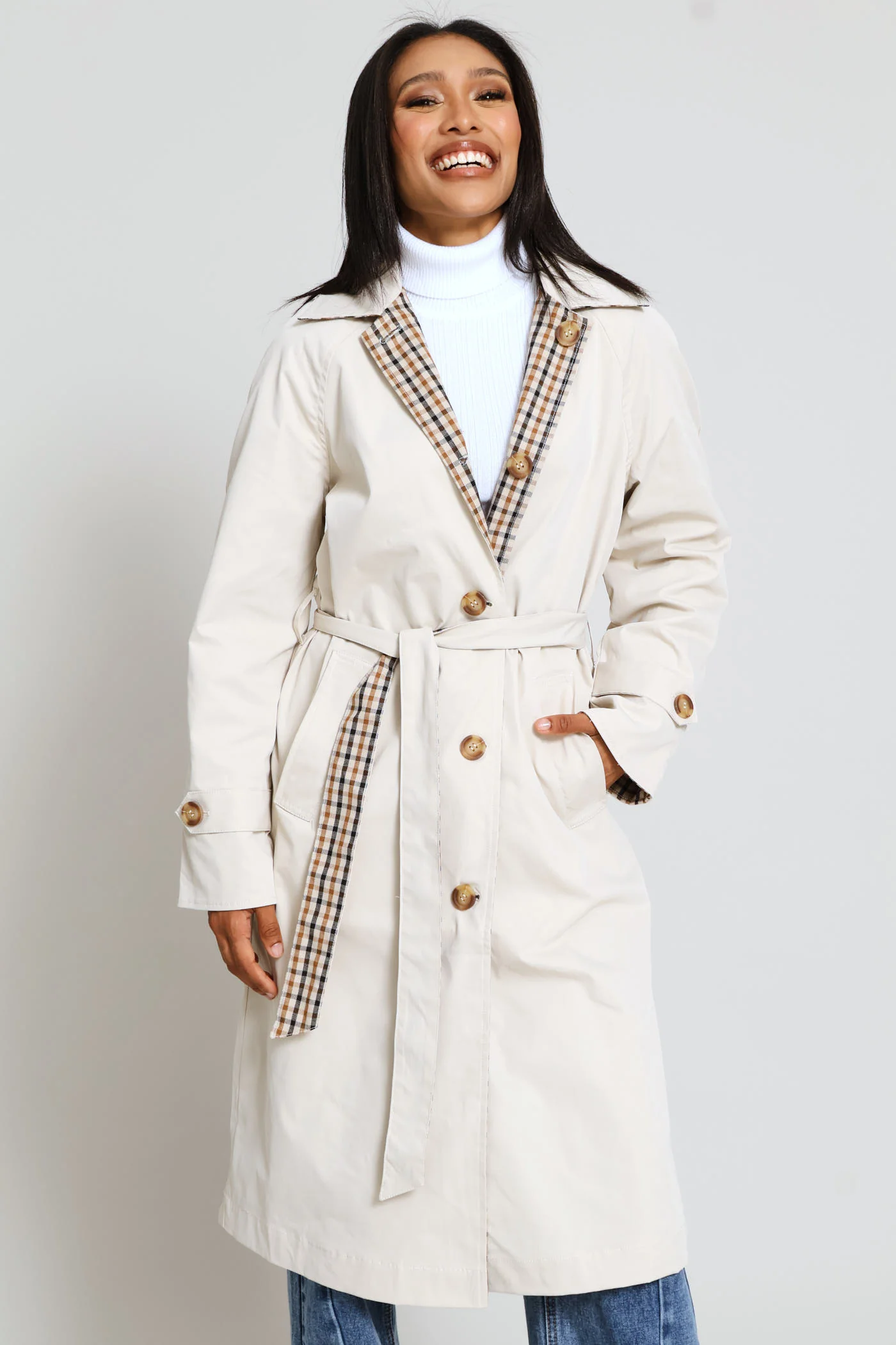 Epaulette Detail Reversible Trench Coat - Light Stone - Image 4