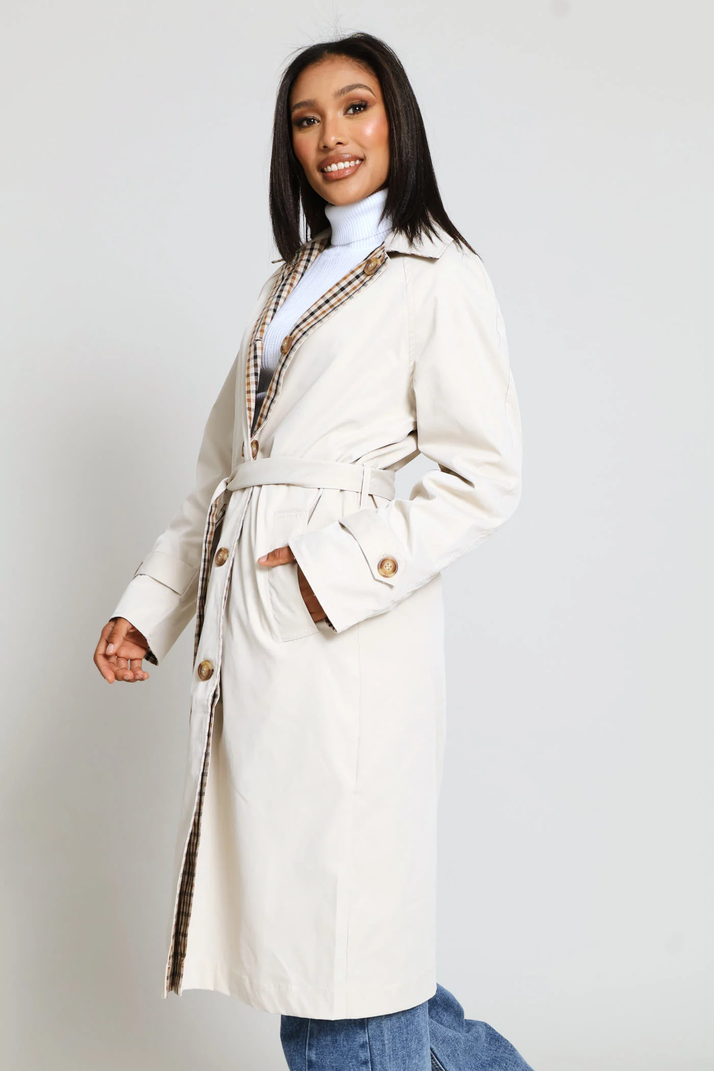 Epaulette Detail Reversible Trench Coat - Light Stone - Image 6
