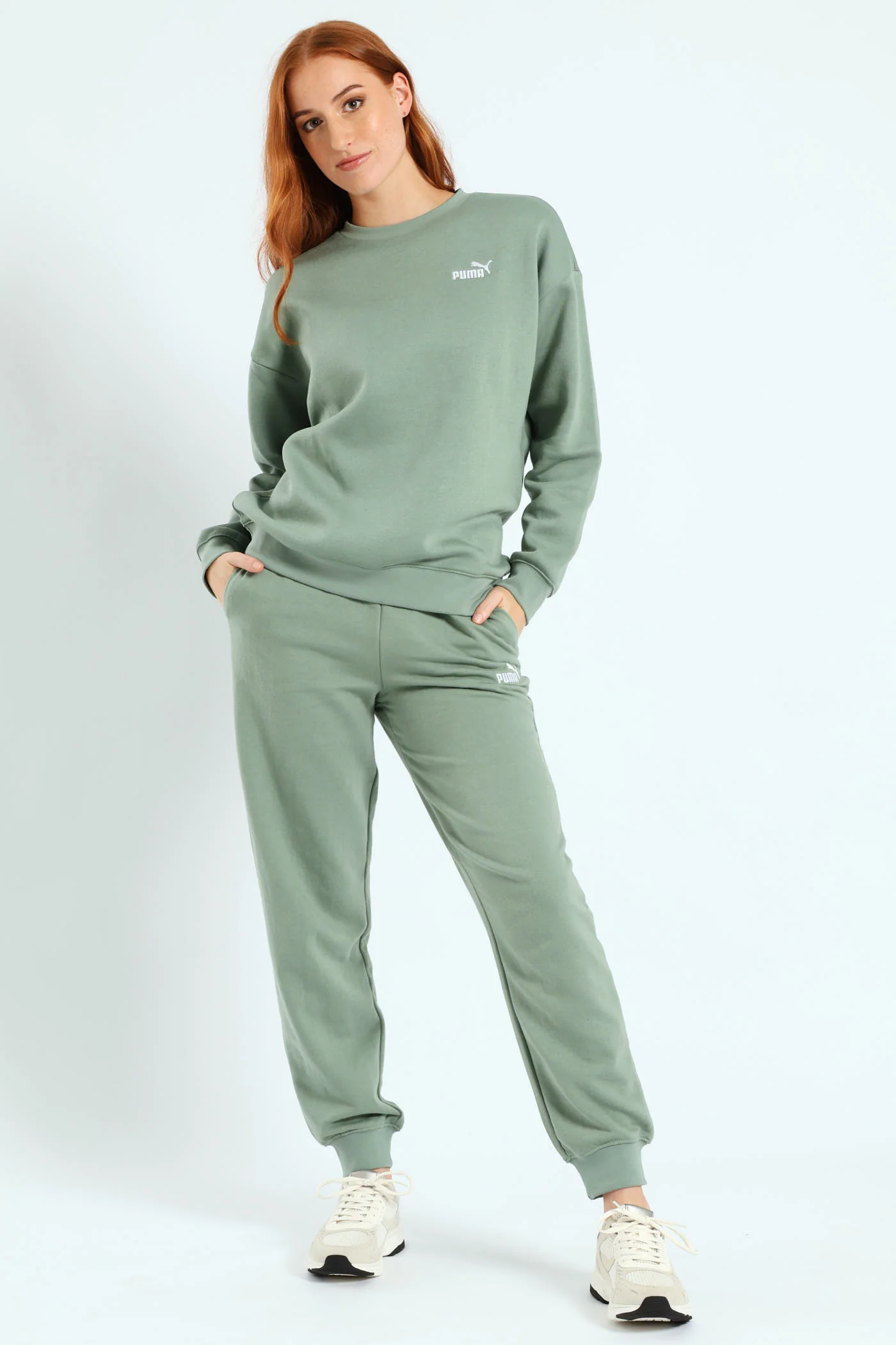 Essential Small Logo Relaxed Fleece Crew Top - Green - Image 3