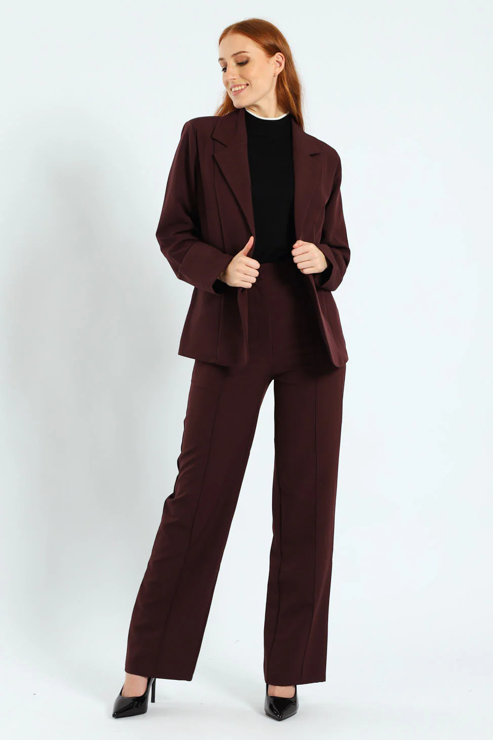 Extended Tab Pin Tuck Straight Leg Pants - Plum - Image 3