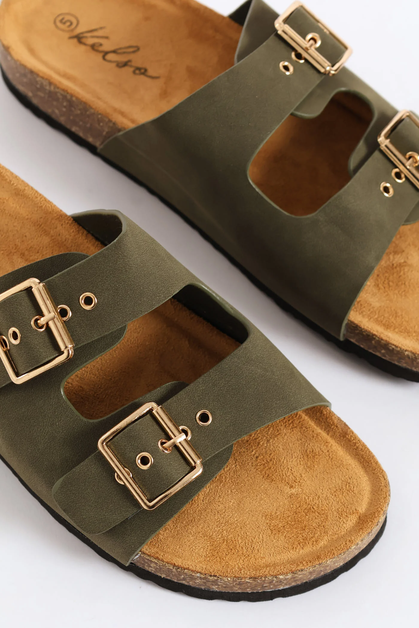Eyelet Detail Double Buckle Slide Sandal - Fatigue - Image 3