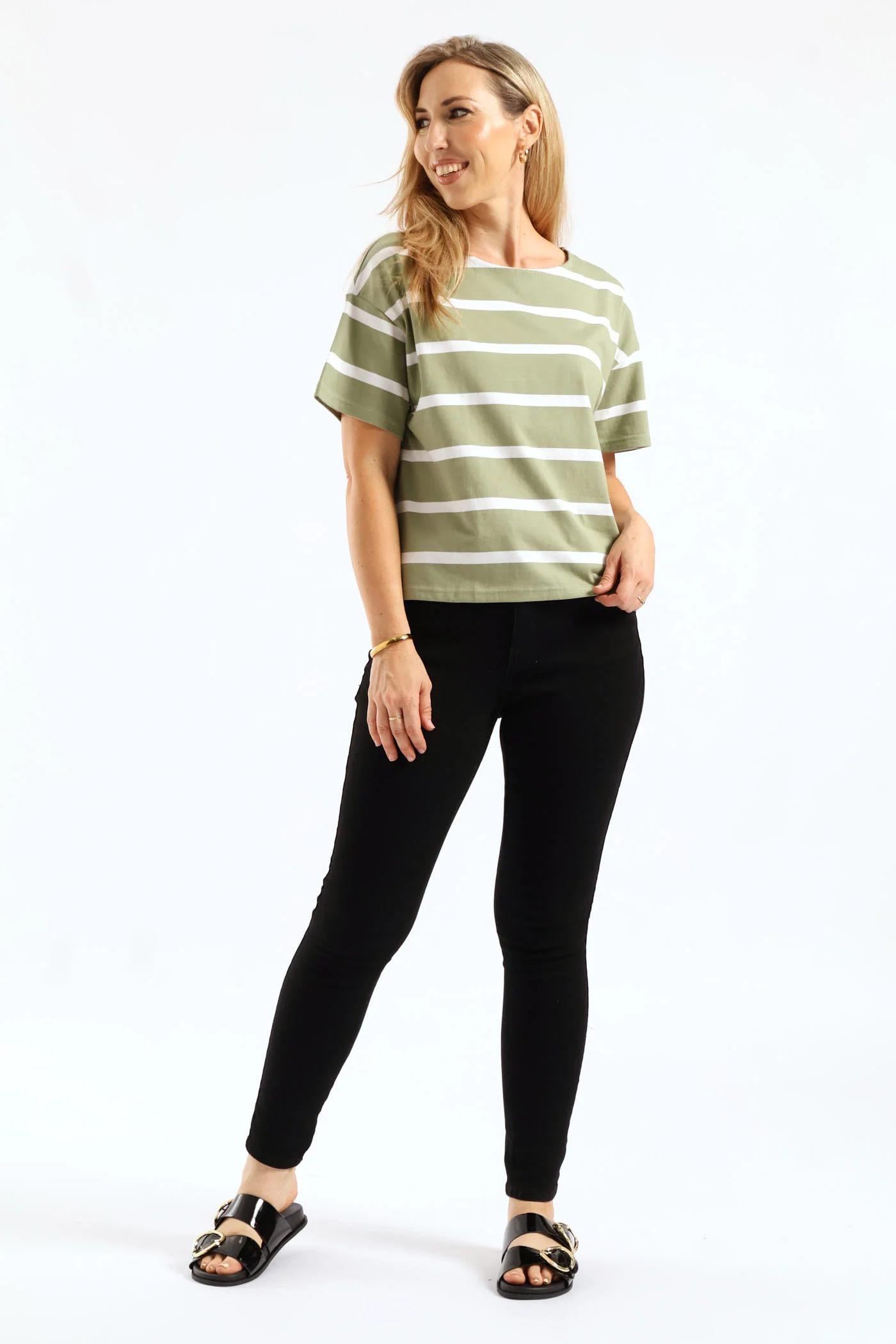 Eyelet Side Seam Detail Wide Stripe Boxy Tee - Green/White - Image 3