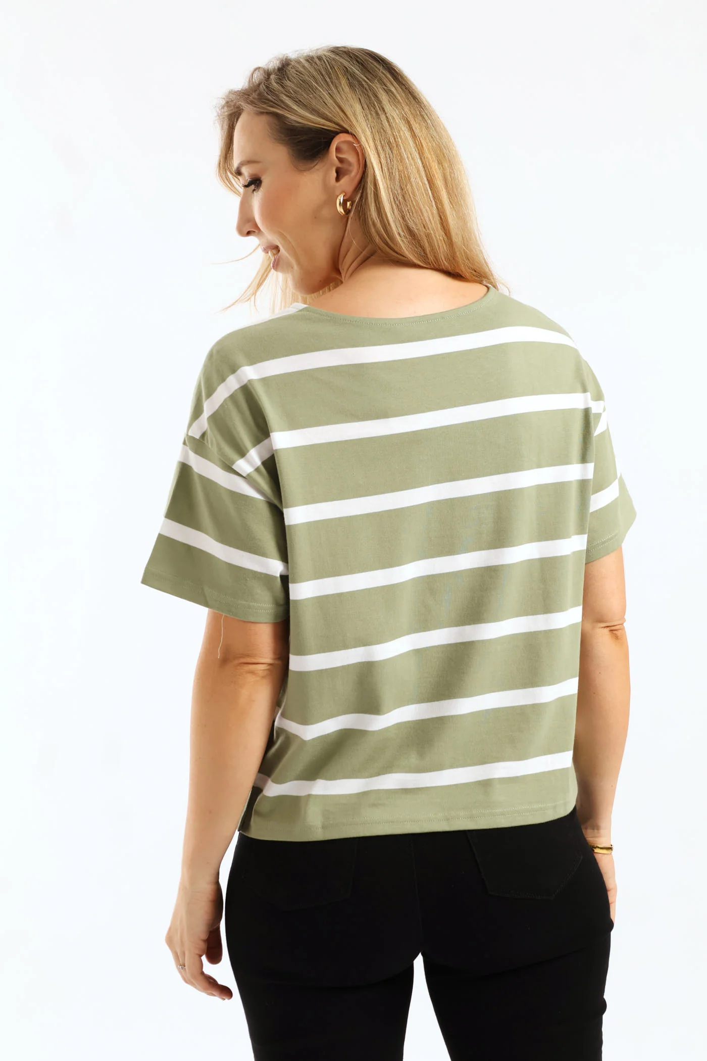 Eyelet Side Seam Detail Wide Stripe Boxy Tee - Green/White - Image 4