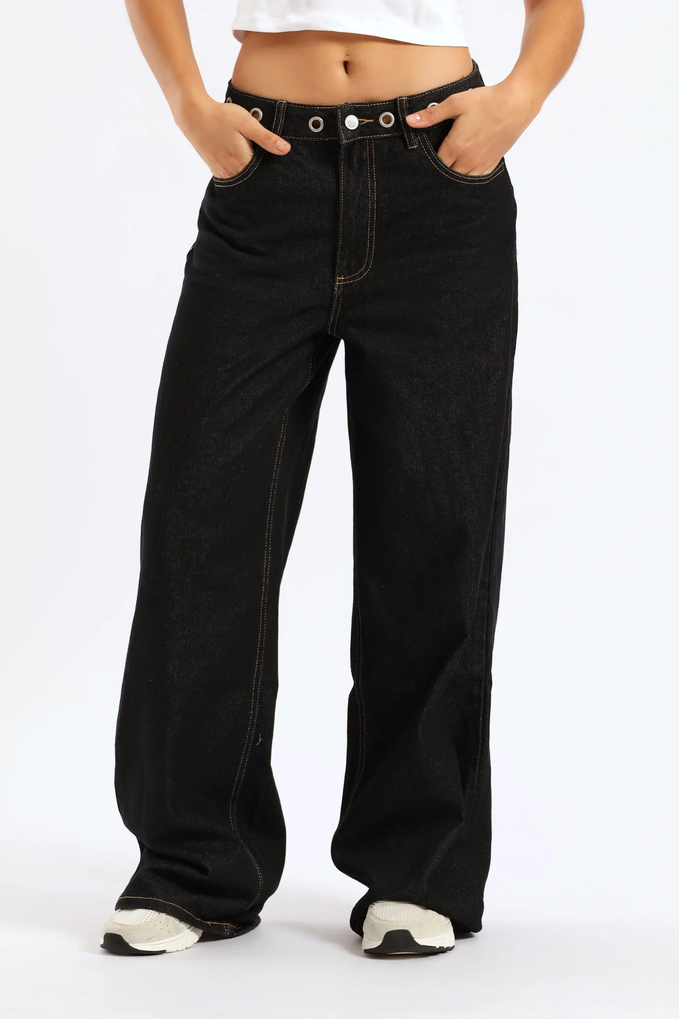 Eyelet Waist Band Baggy Denim - Black - Image 2