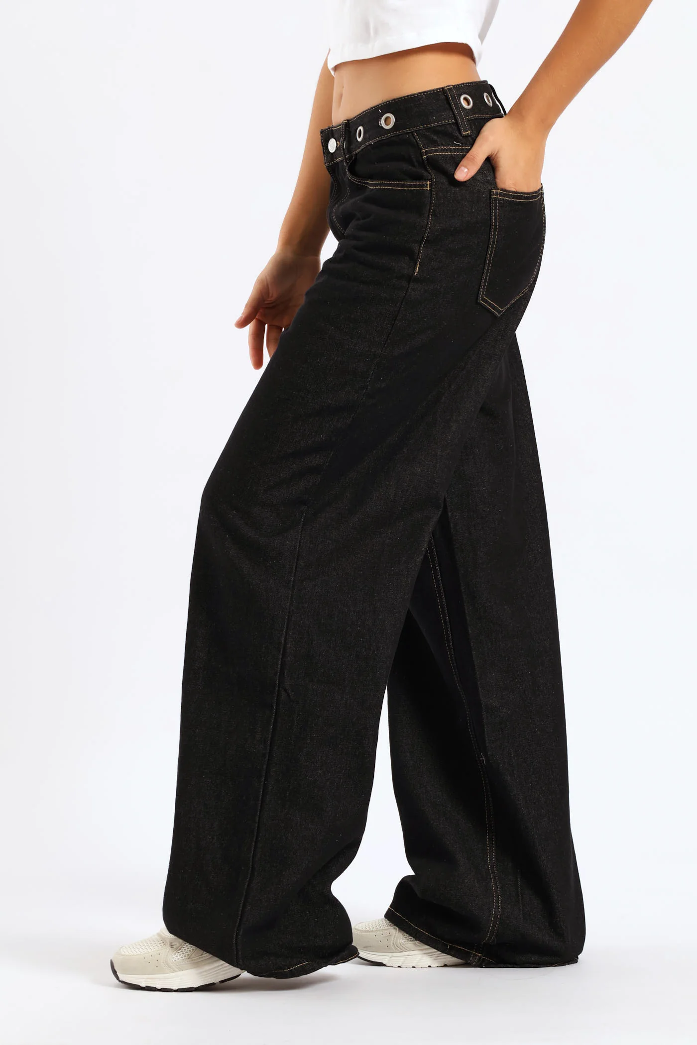 Eyelet Waist Band Baggy Denim - Black - Image 3