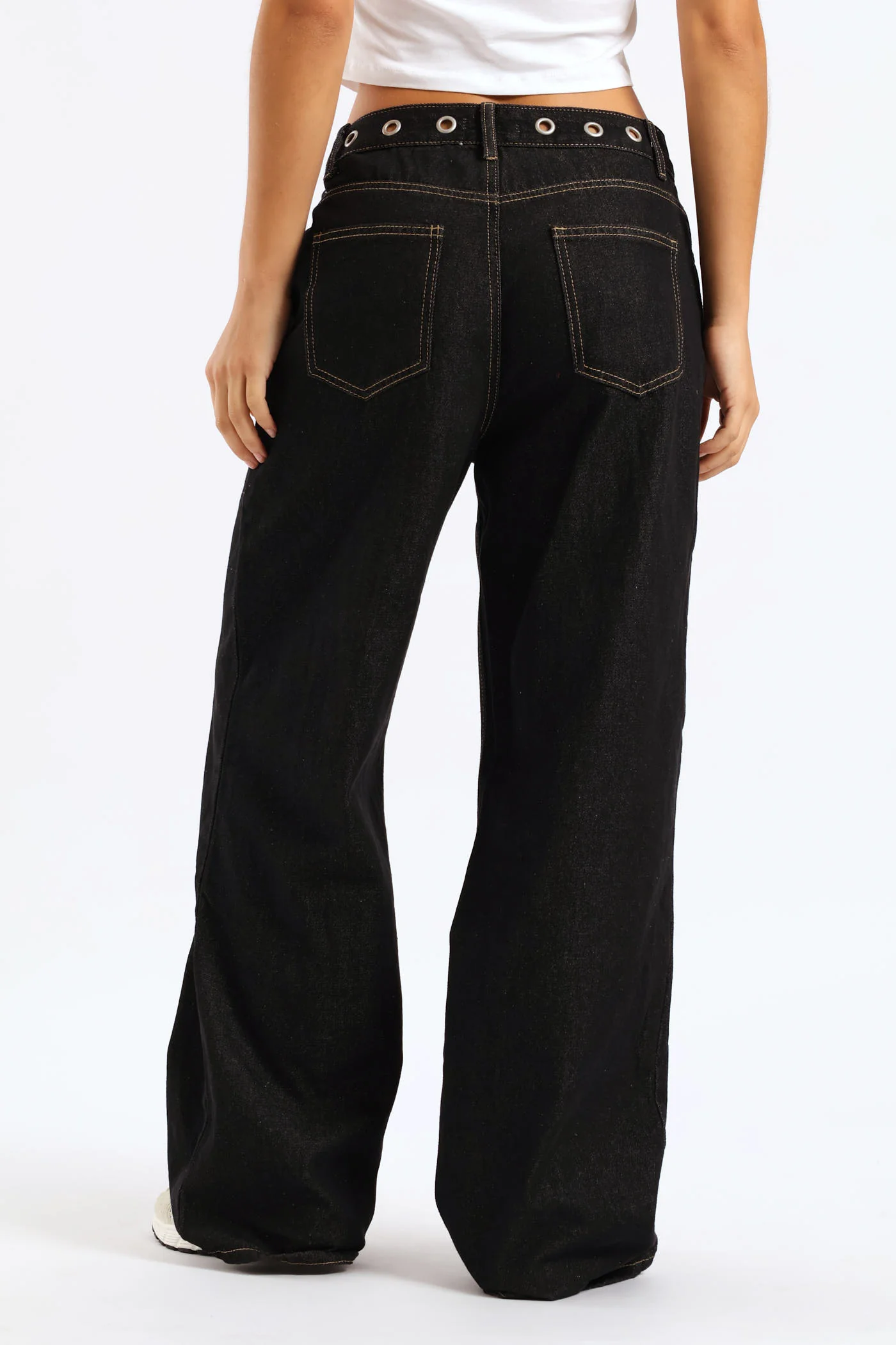 Eyelet Waist Band Baggy Denim - Black - Image 4