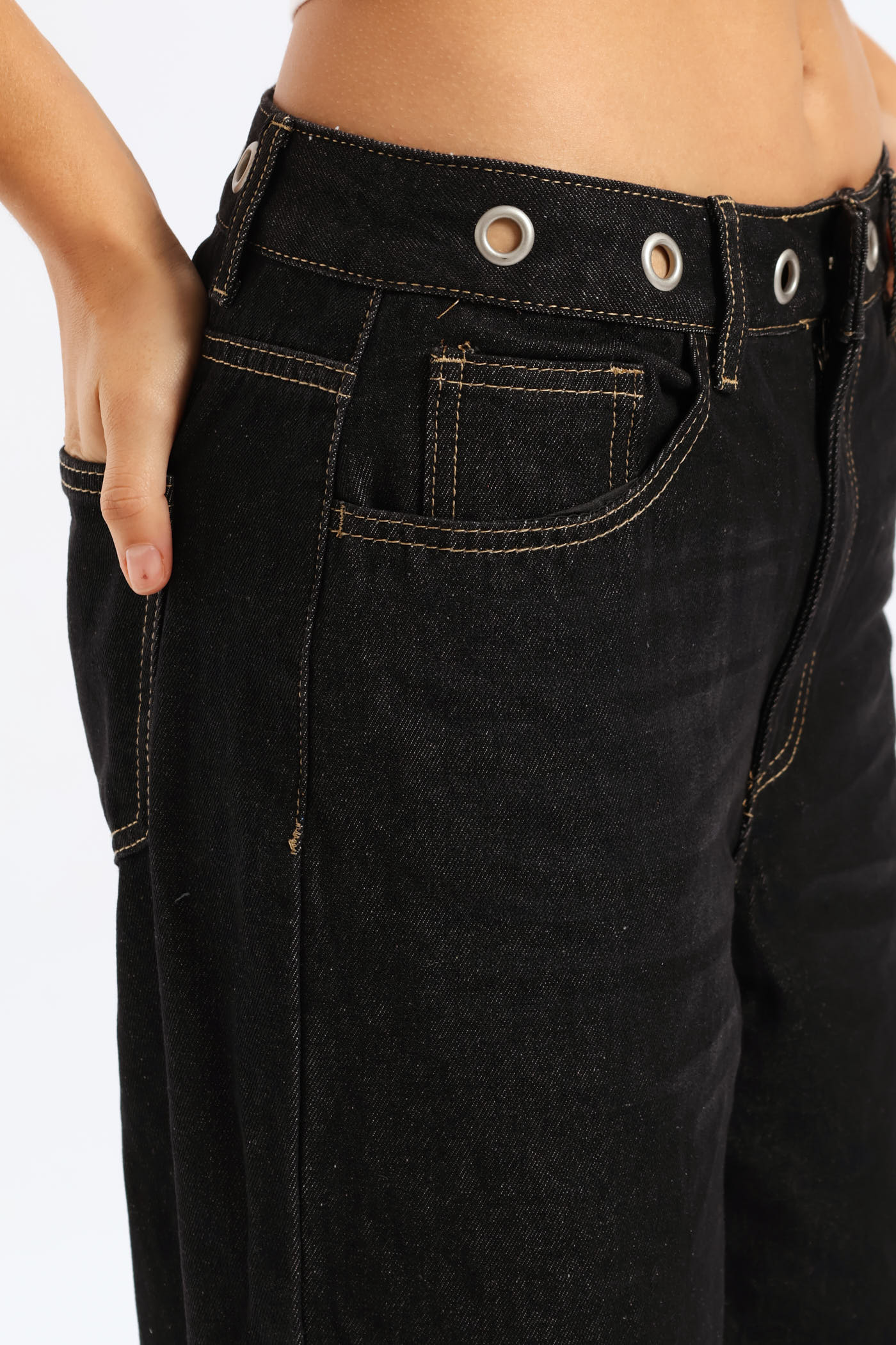 Eyelet Waist Band Baggy Denim - Black - Image 5
