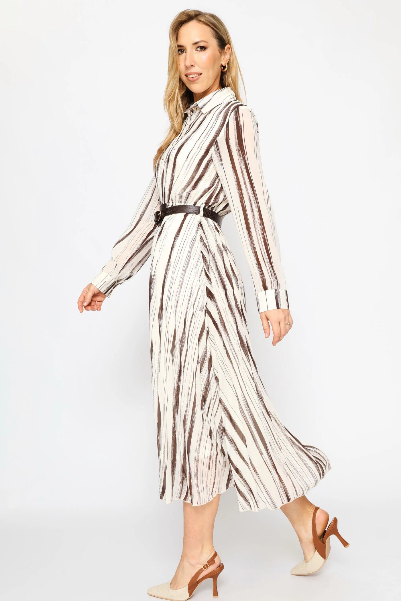 Fancy Belt Pleated Shirt Maxi Dress - Chocolate - Image 3