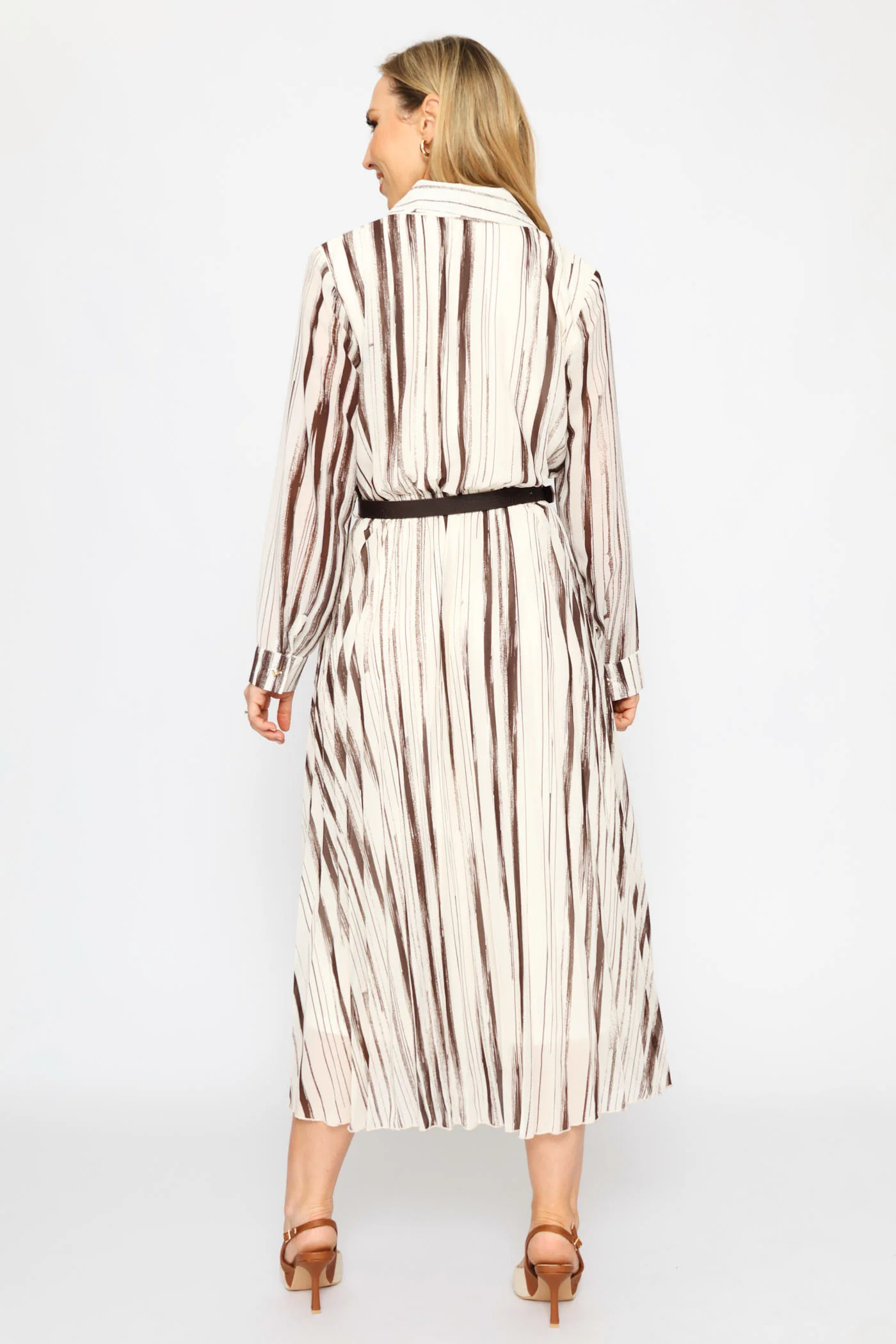 Fancy Belt Pleated Shirt Maxi Dress - Chocolate - Image 4