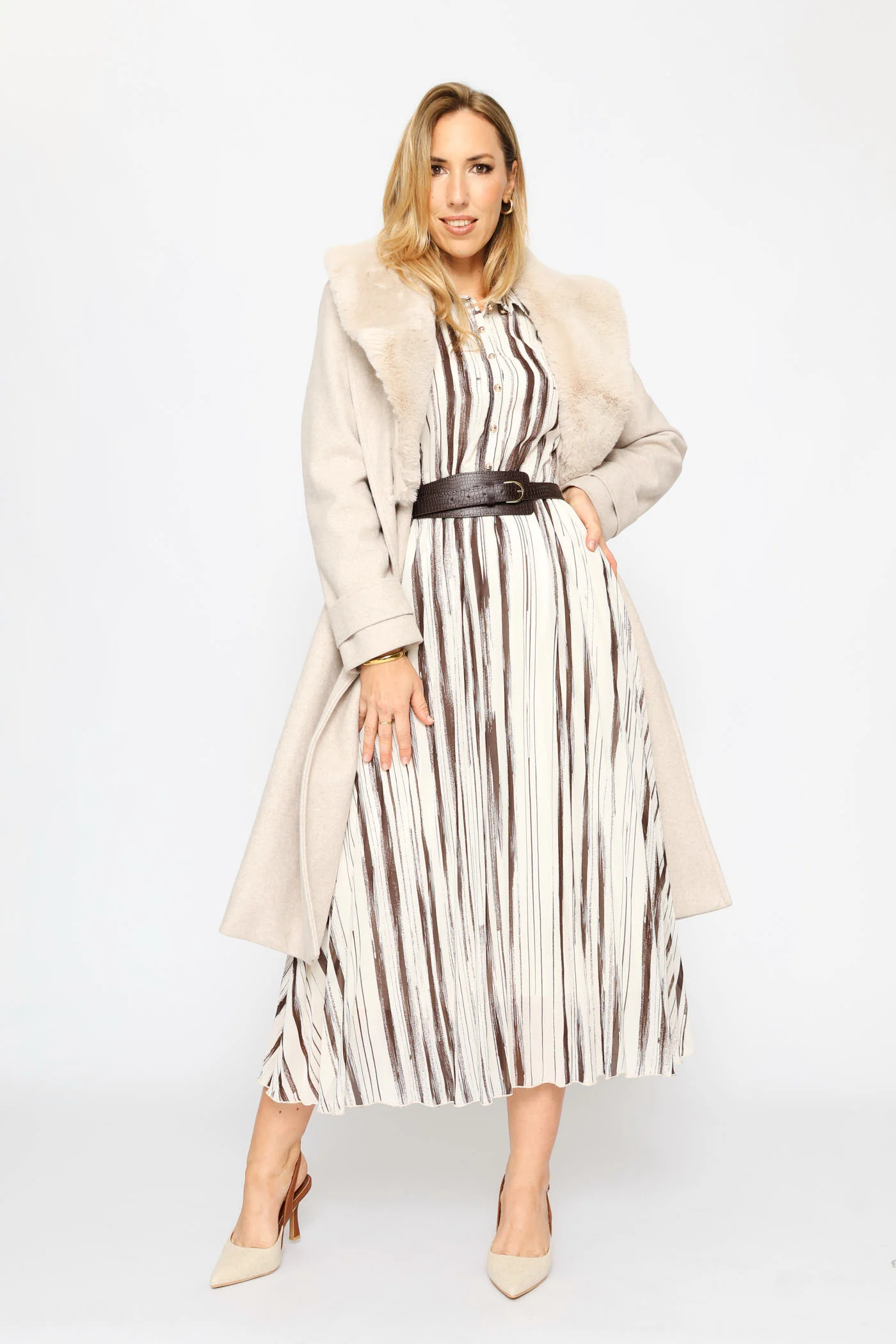 Fancy Belt Pleated Shirt Maxi Dress - Chocolate - Image 5