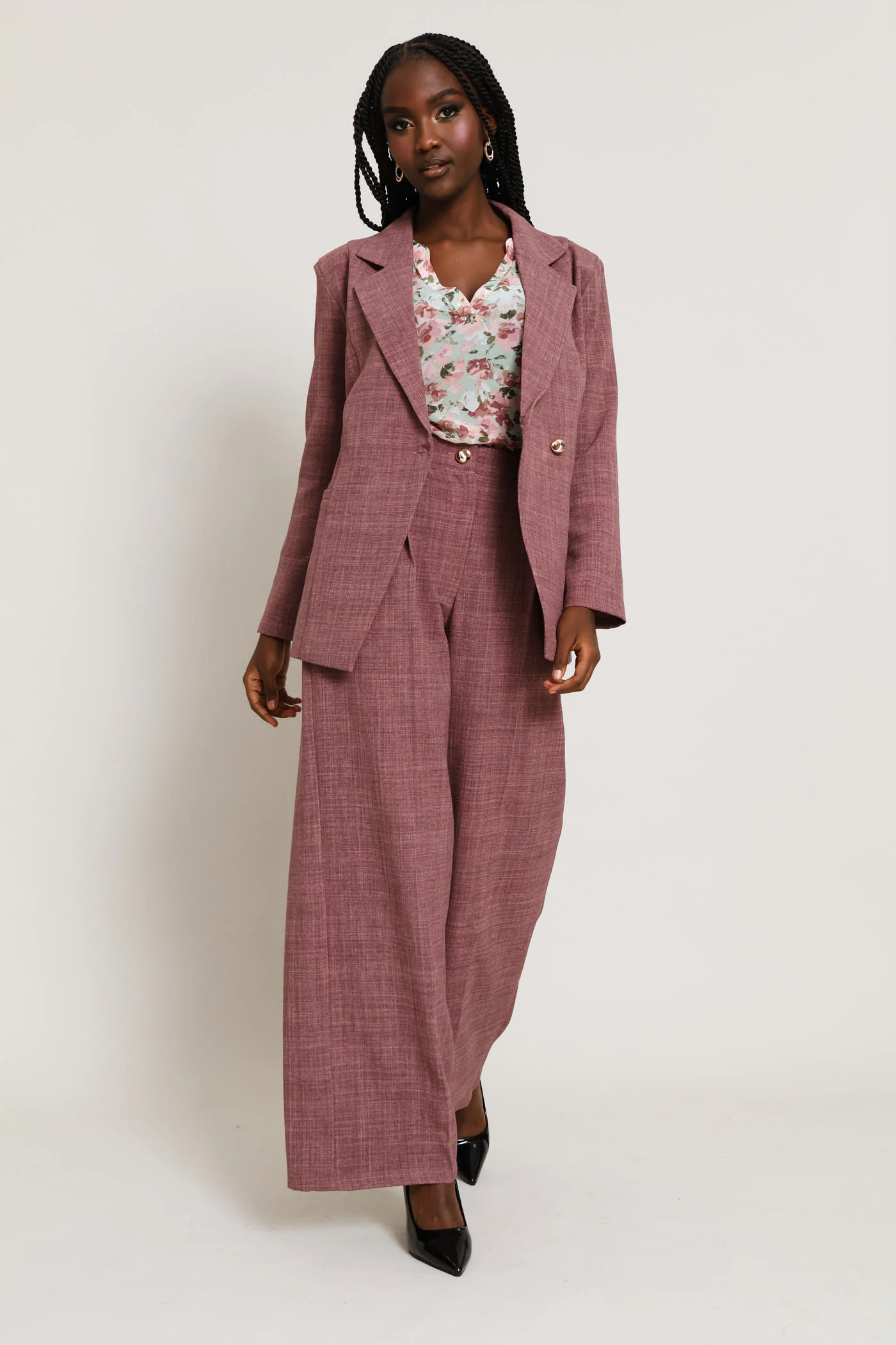 Fancy Button Side Linen Blend Blazer - Mauve - Image 6