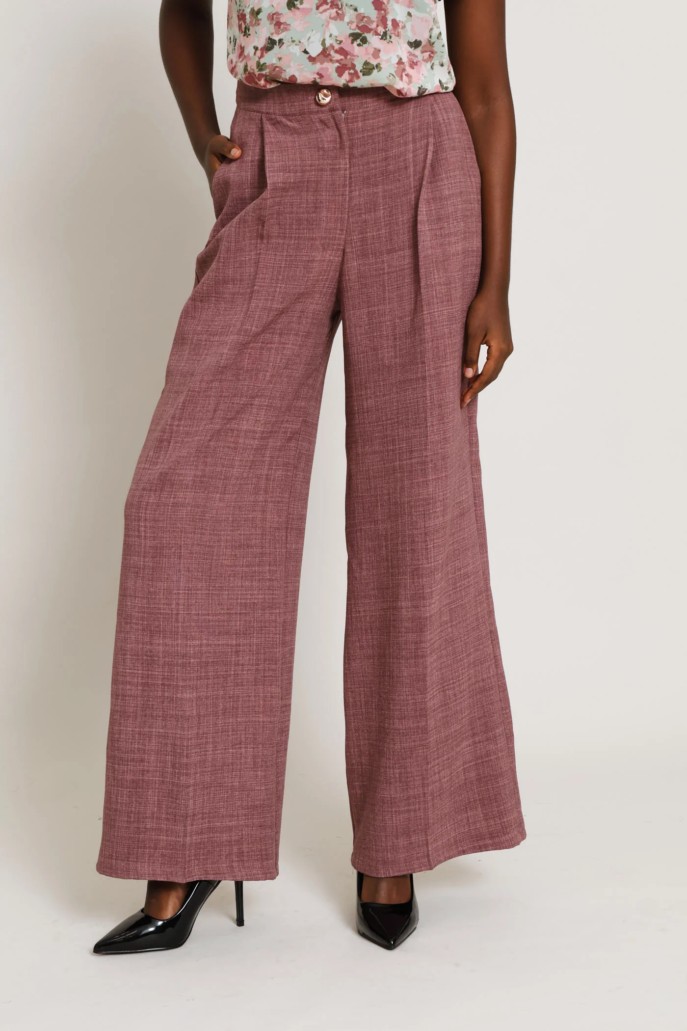 Fancy Button Linen Blend Straight Leg Pant - Mauve - Image 2