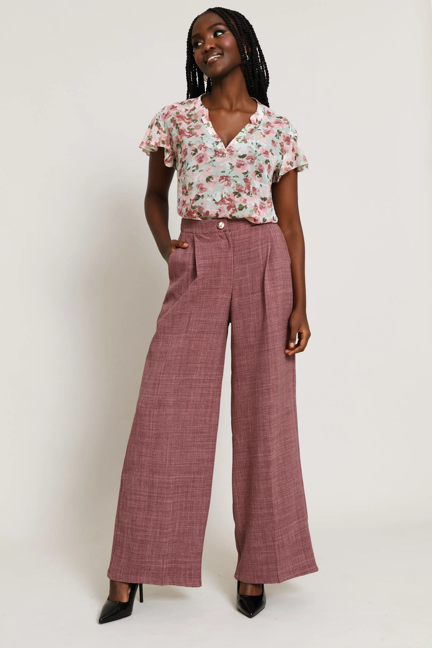 Fancy Button Linen Blend Straight Leg Pant - Mauve - Image 3