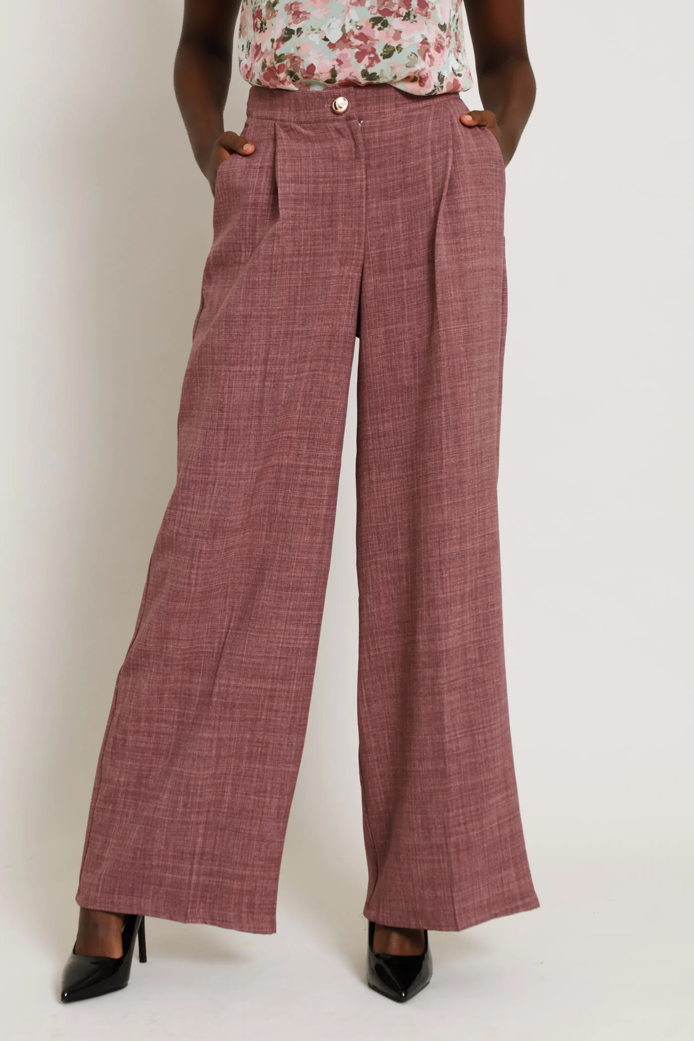 Fancy Button Linen Blend Straight Leg Pant - Mauve - Image 4