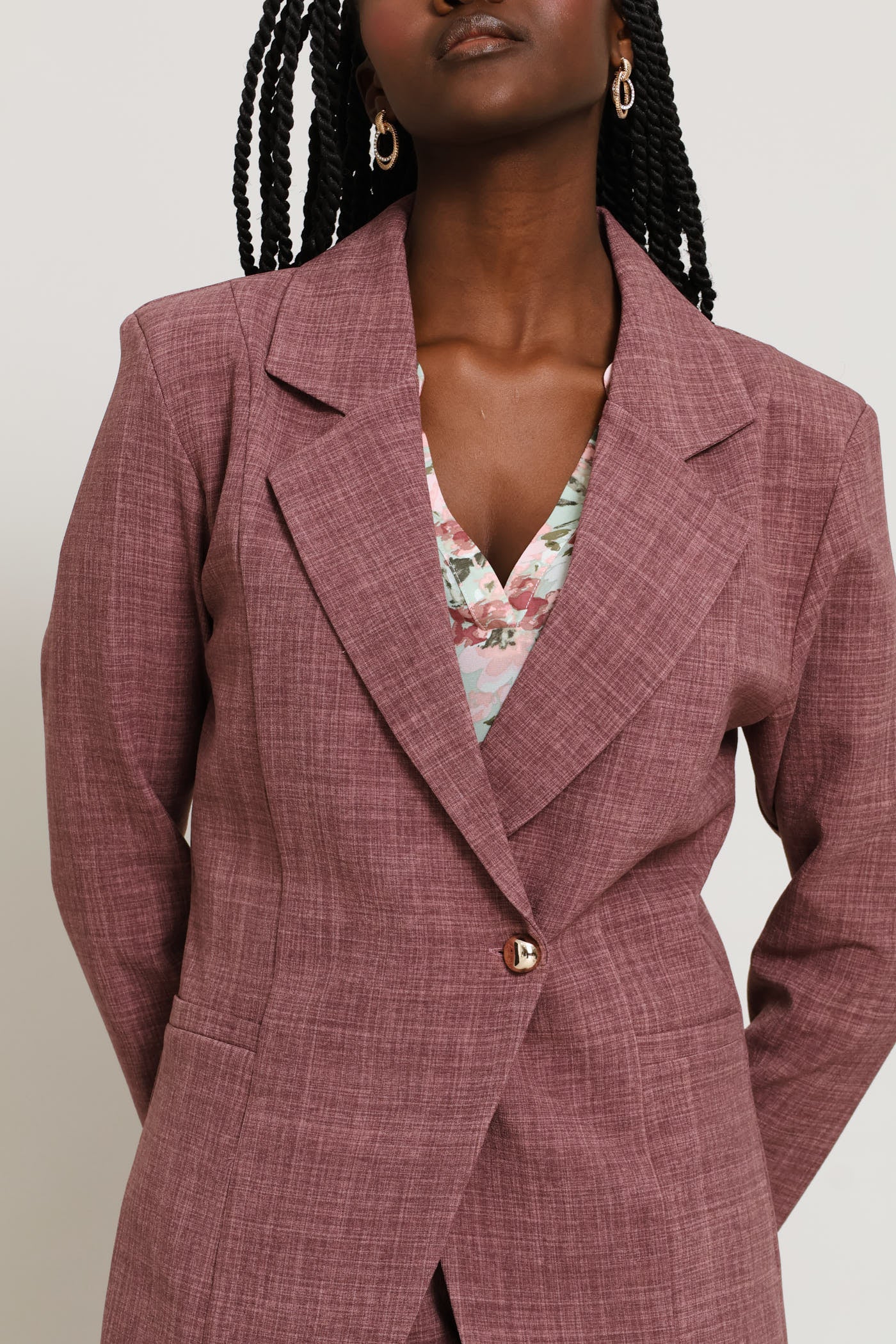 Fancy Button Side Linen Blend Blazer - Mauve - Image 2