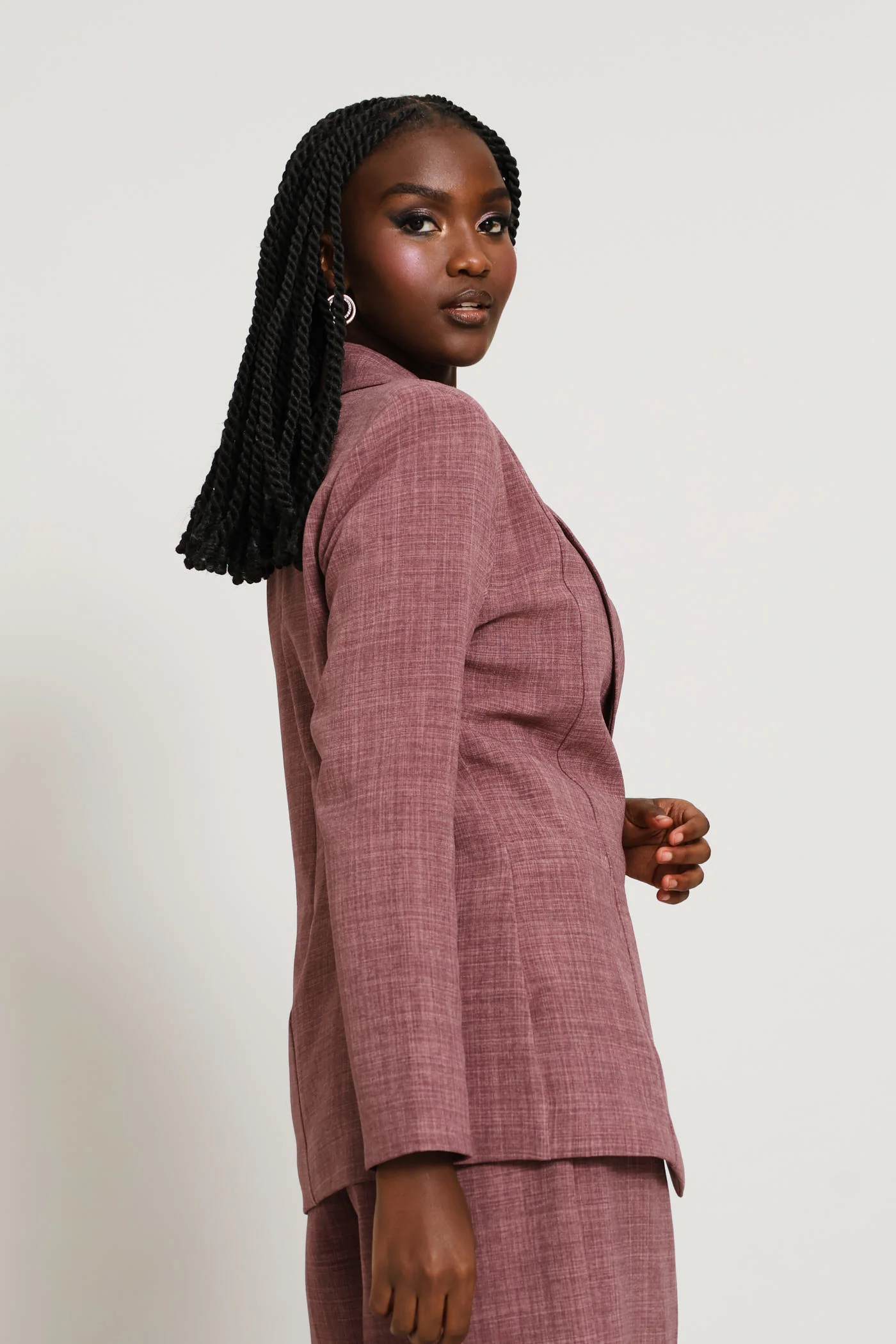 Fancy Button Side Linen Blend Blazer - Mauve - Image 3