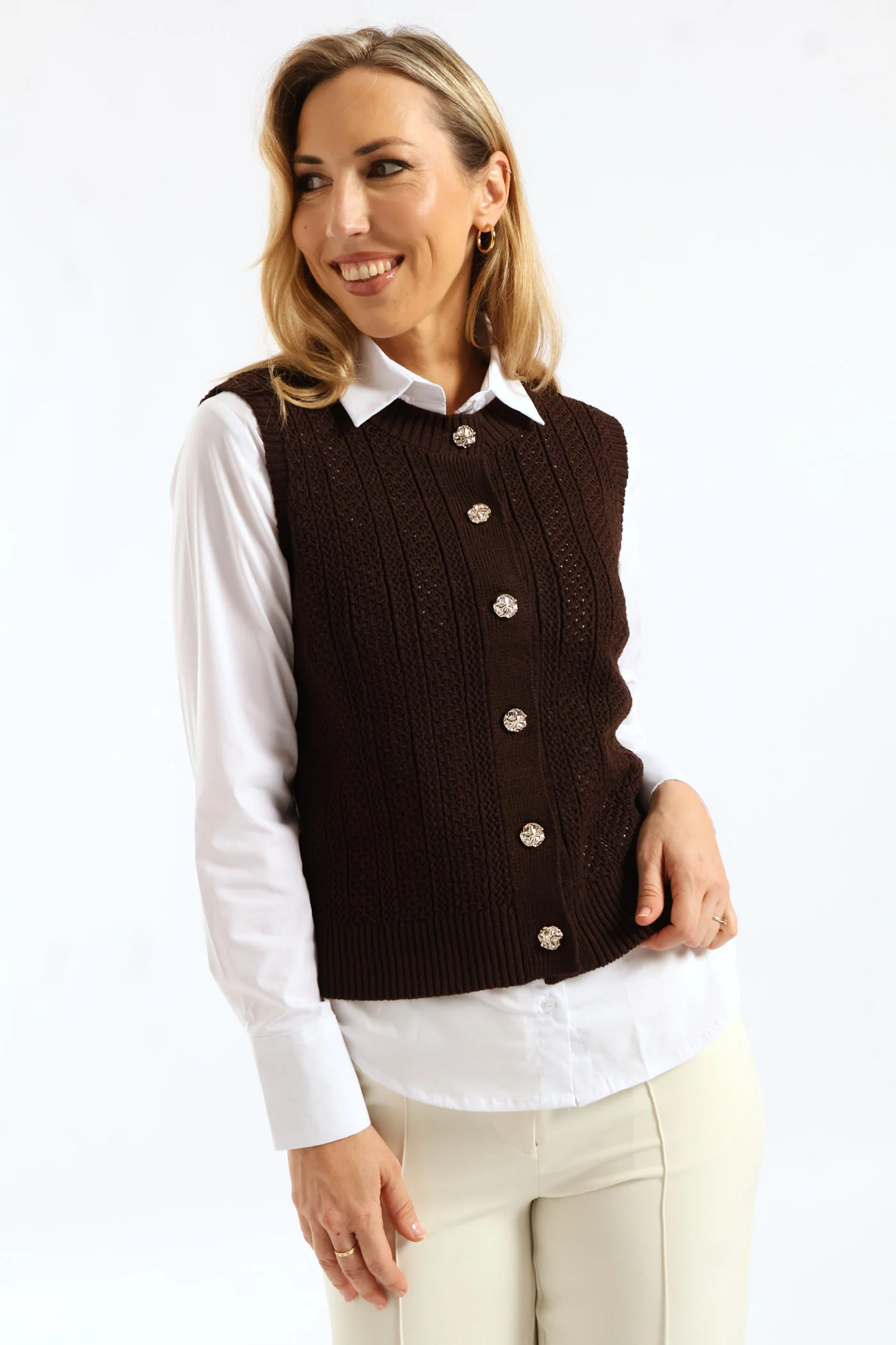 Fancy Button Through Vest - Chocolate - Image 5