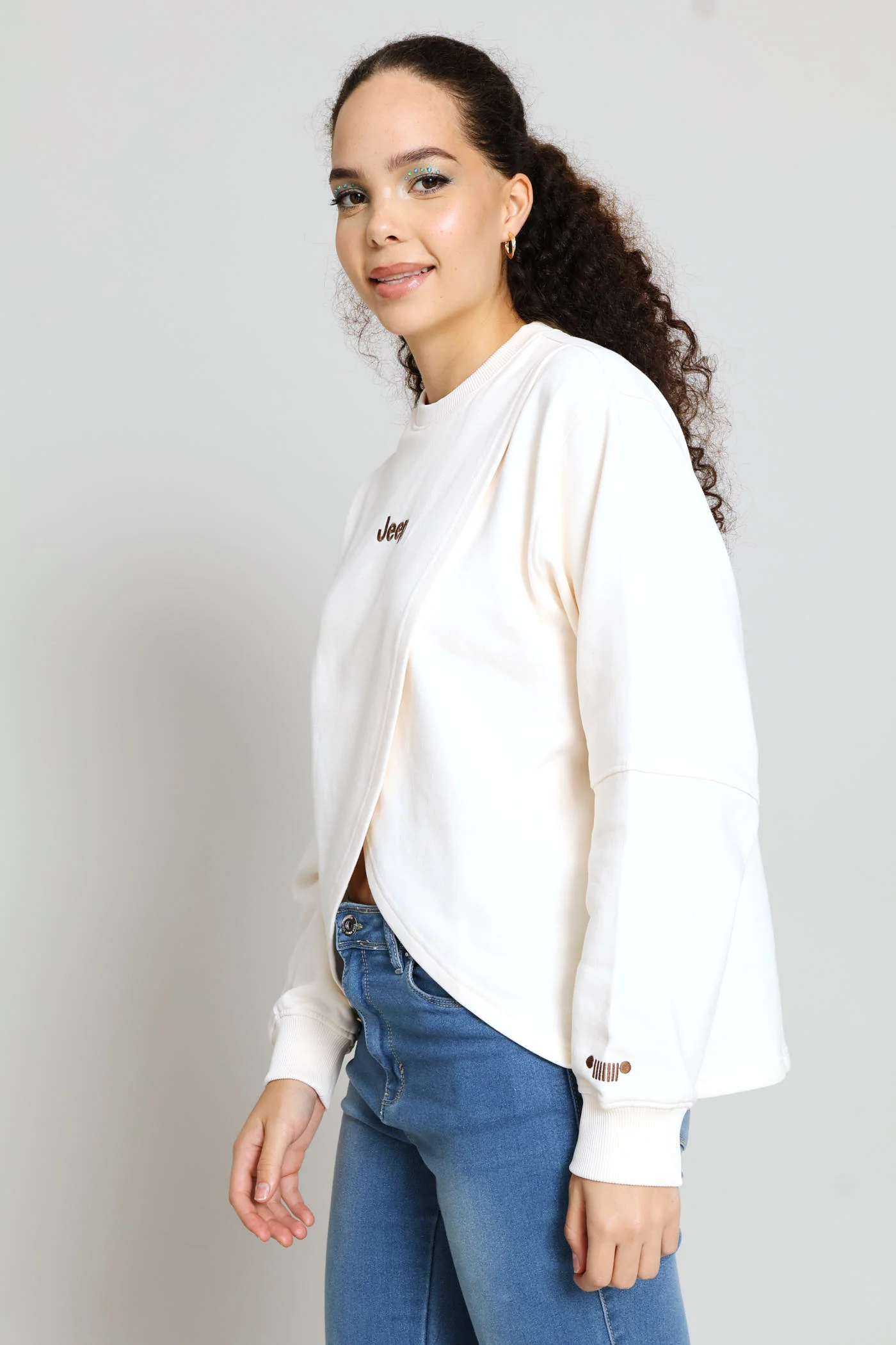 Fashion Fleece Cross Over Crew Top - Cream - Image 4