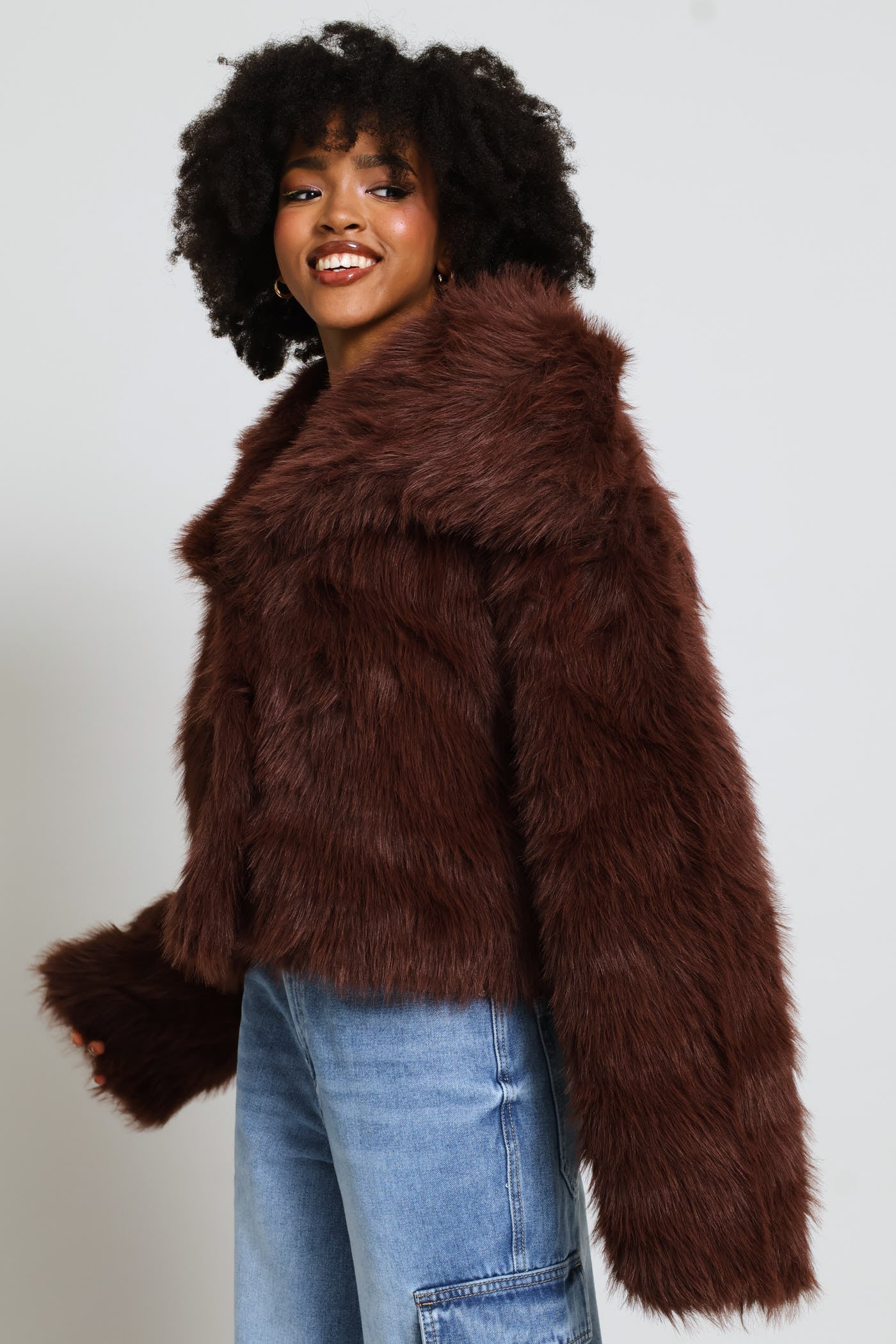 Faux Fur Jacket - Chocolate - Image 2