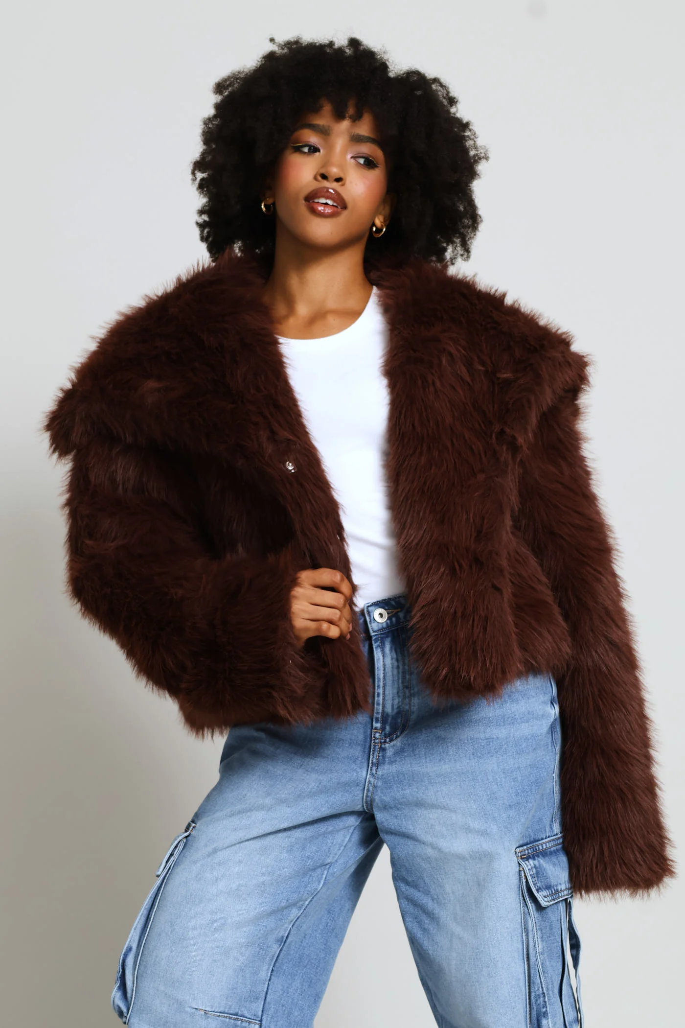 Faux Fur Jacket - Chocolate - Image 3