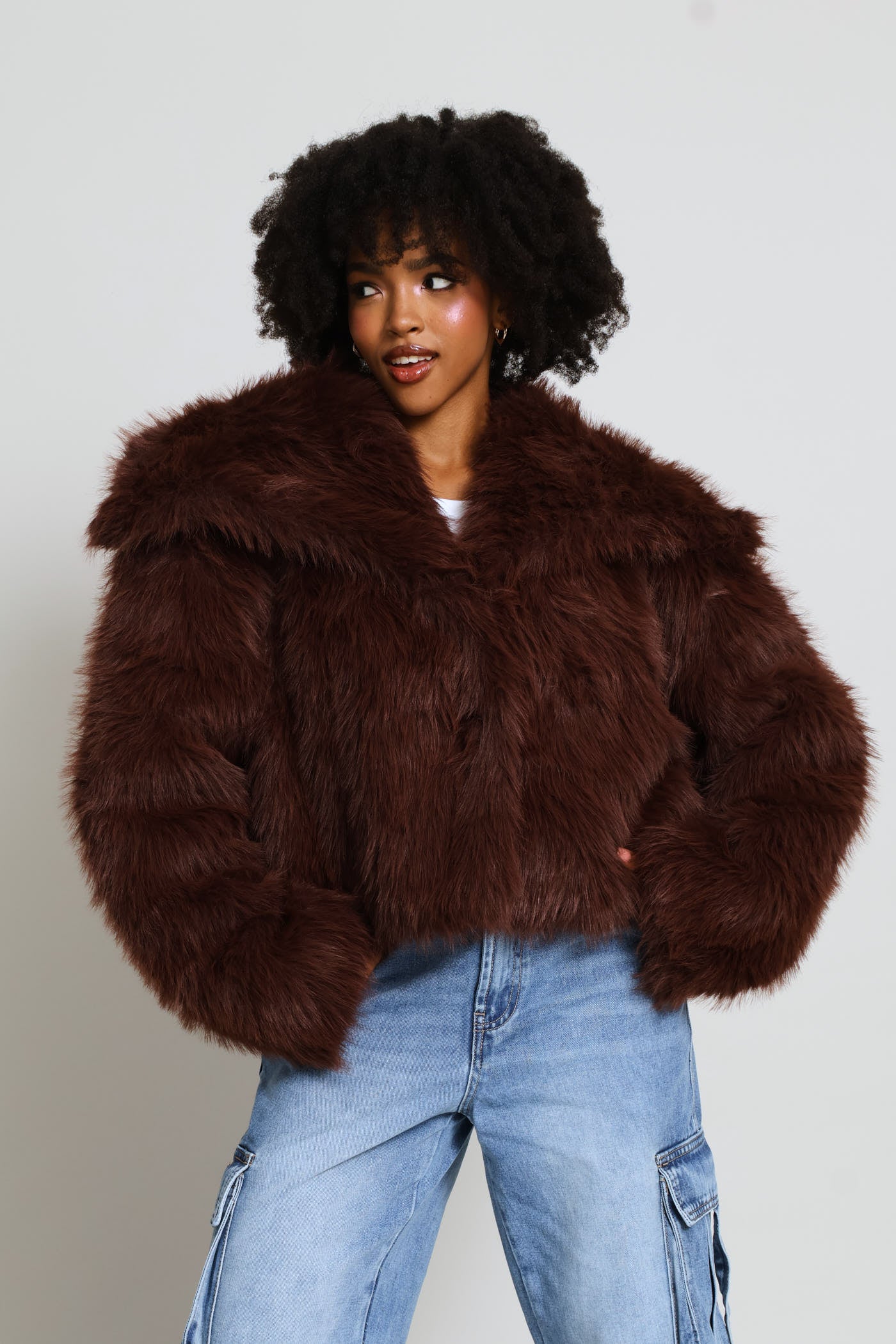 Faux Fur Jacket - Chocolate - Image 5