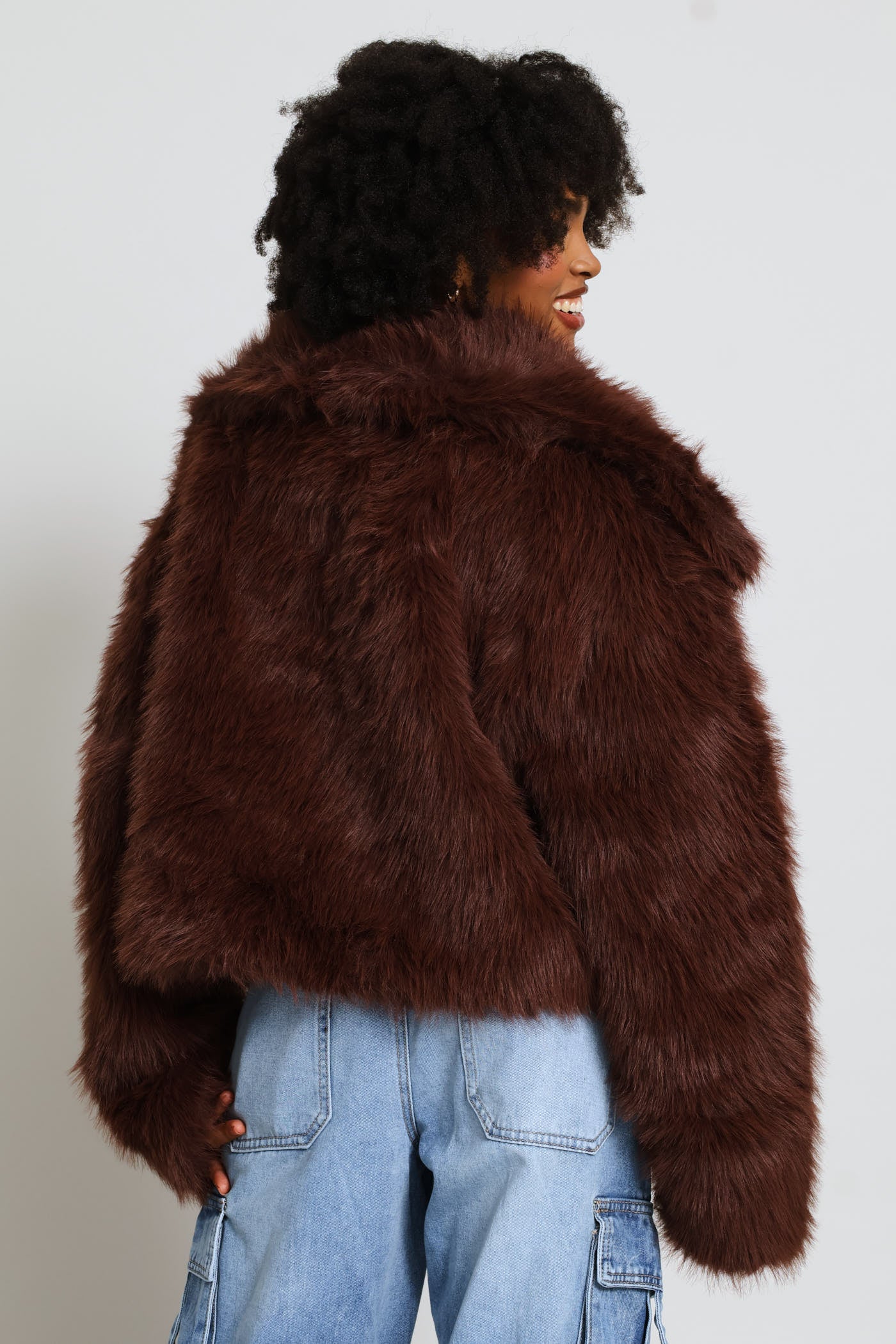 Faux Fur Jacket - Chocolate - Image 6