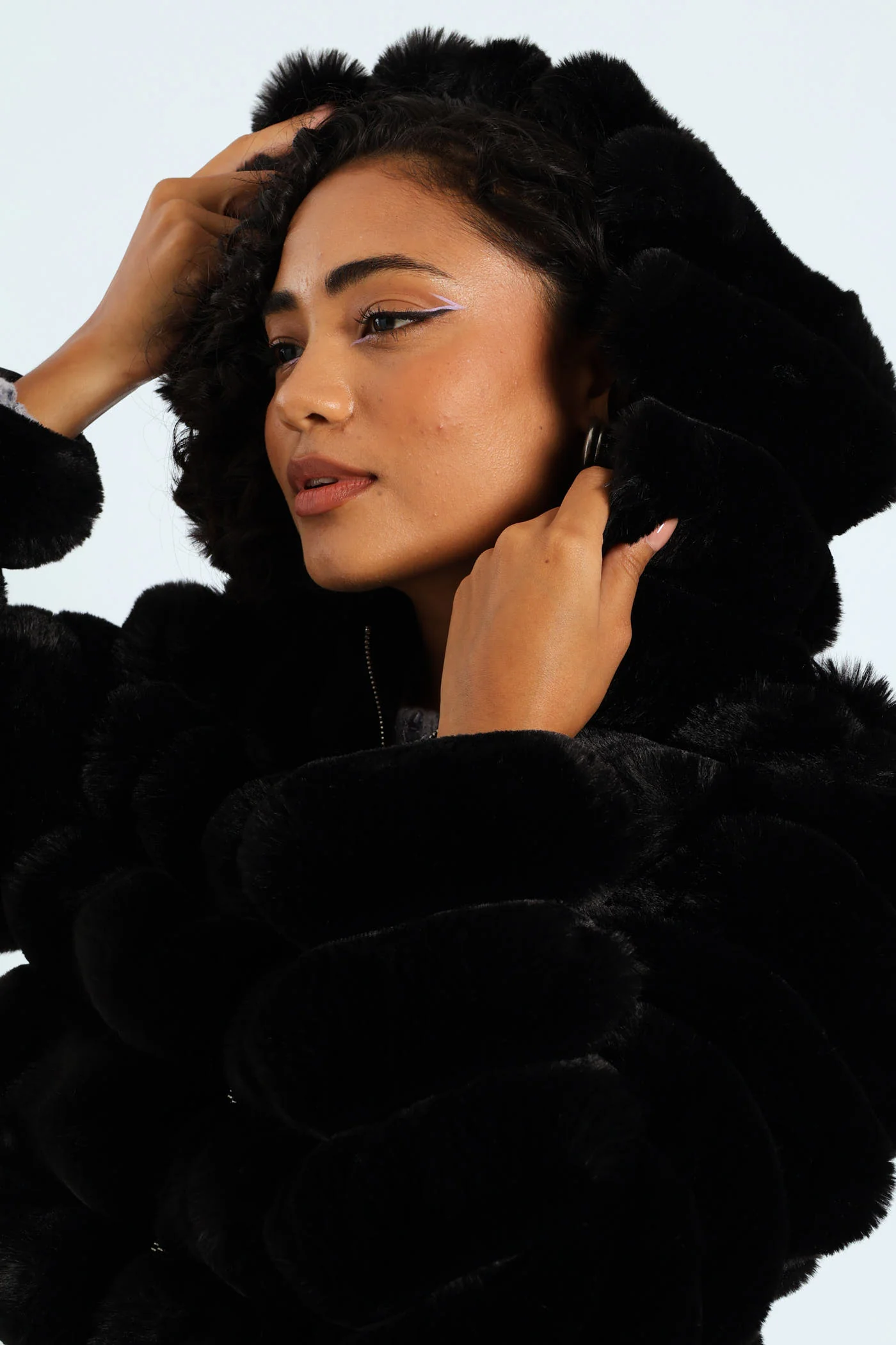 Faux Fur Quilted Hooded Jacket - Black - Image 2