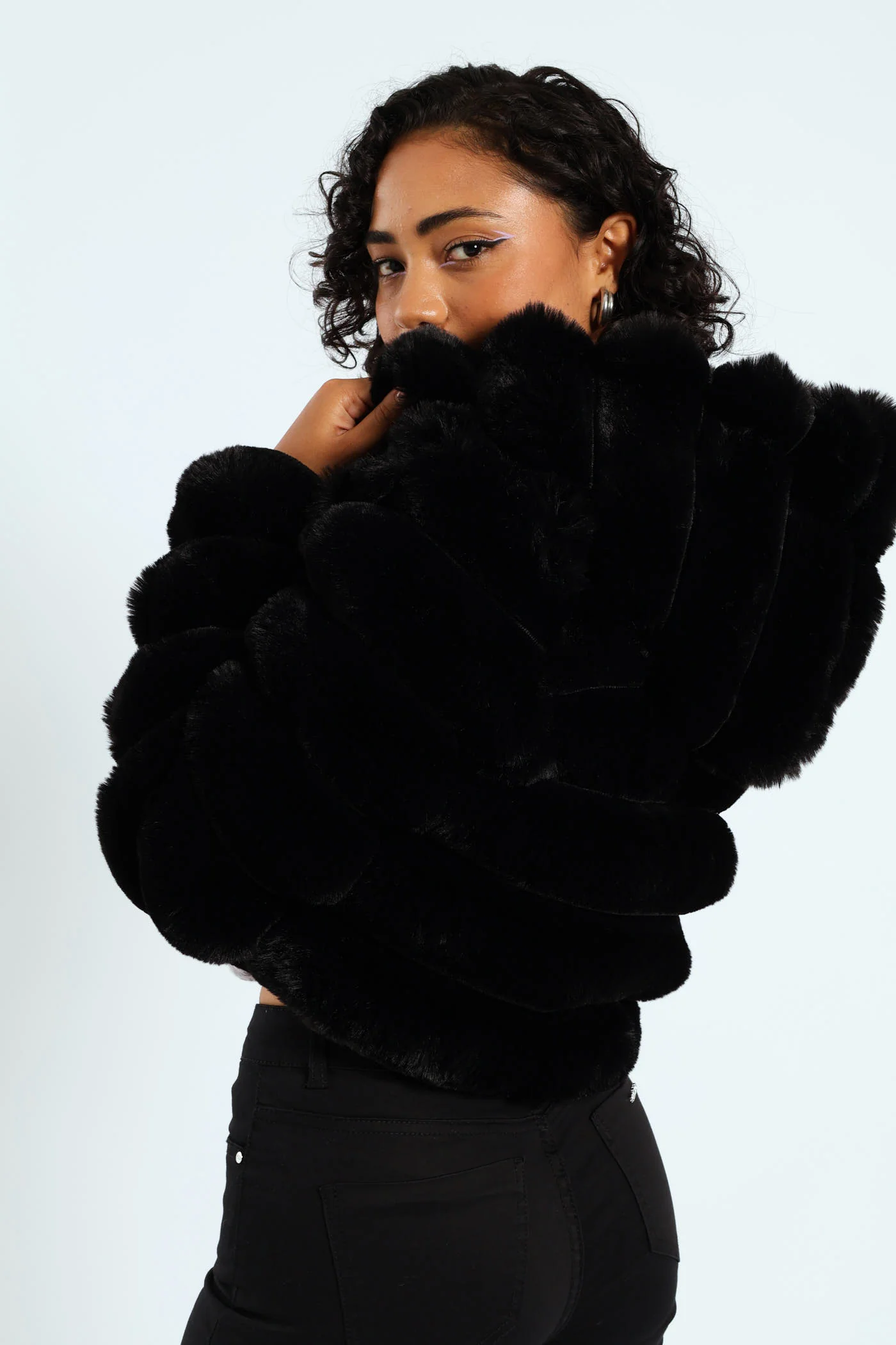 Faux Fur Quilted Hooded Jacket - Black - Image 3